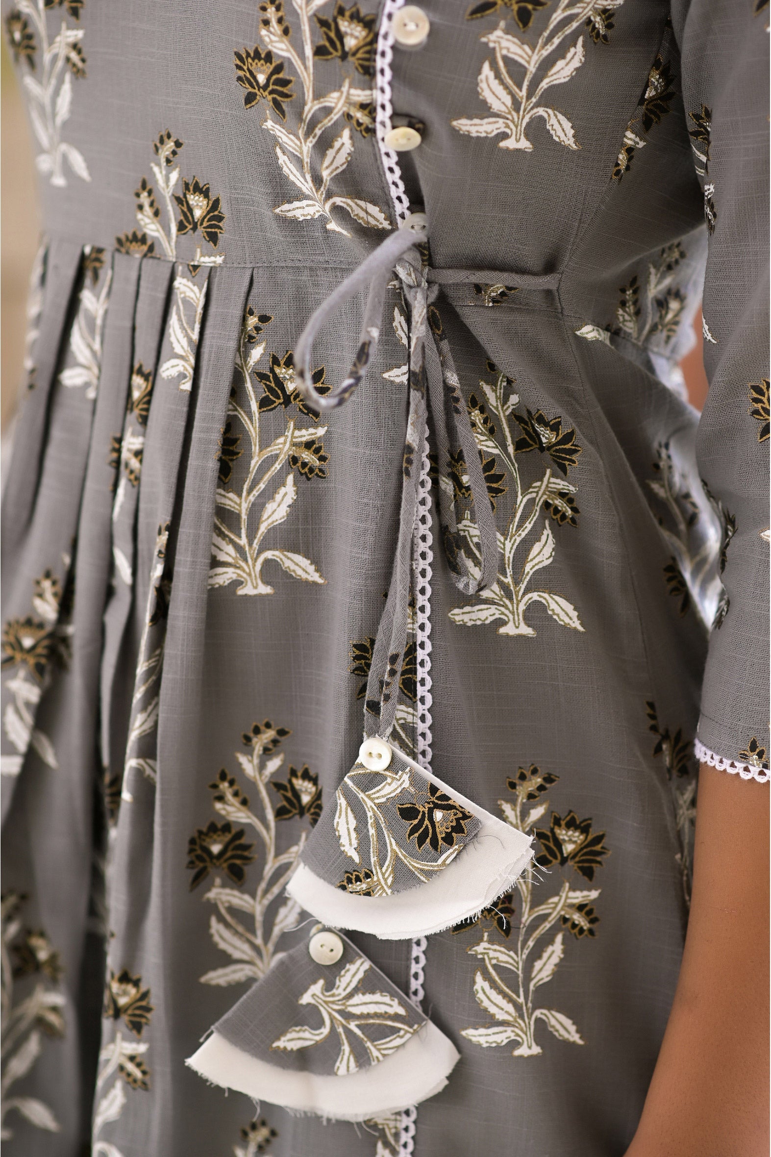 Grey Cotton Boota Printed Angrakha Kurta with White Pants