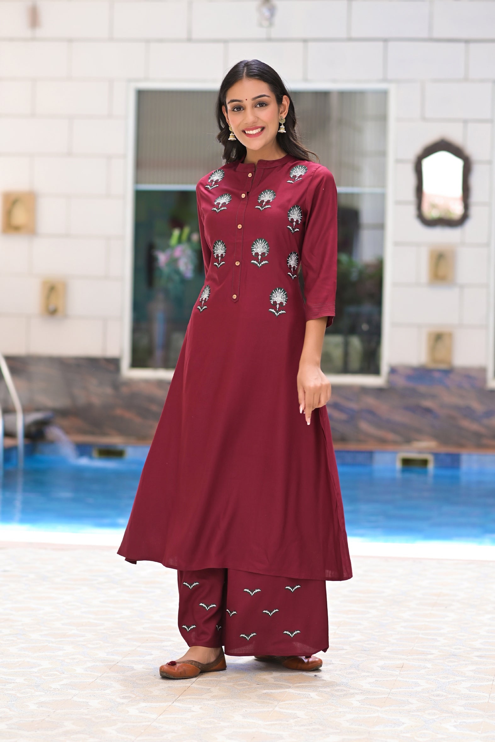 Maroon Rayon Embroideried Solid Long Kurta with Palazzo