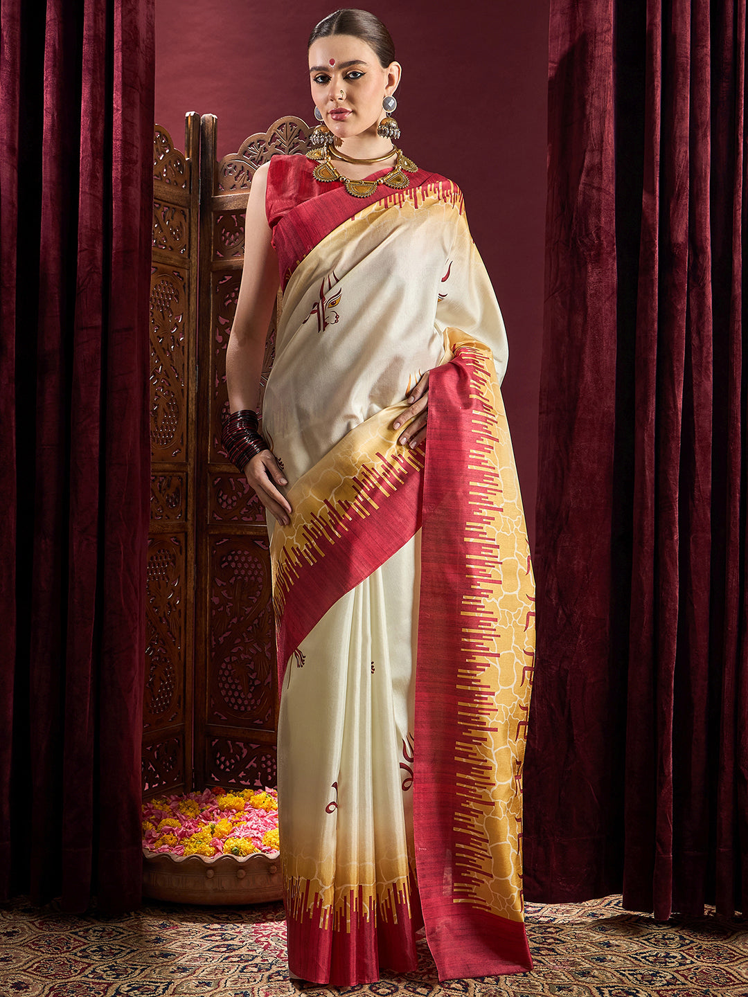 Silk Blend Off White Printed Celebrity Saree With Blouse