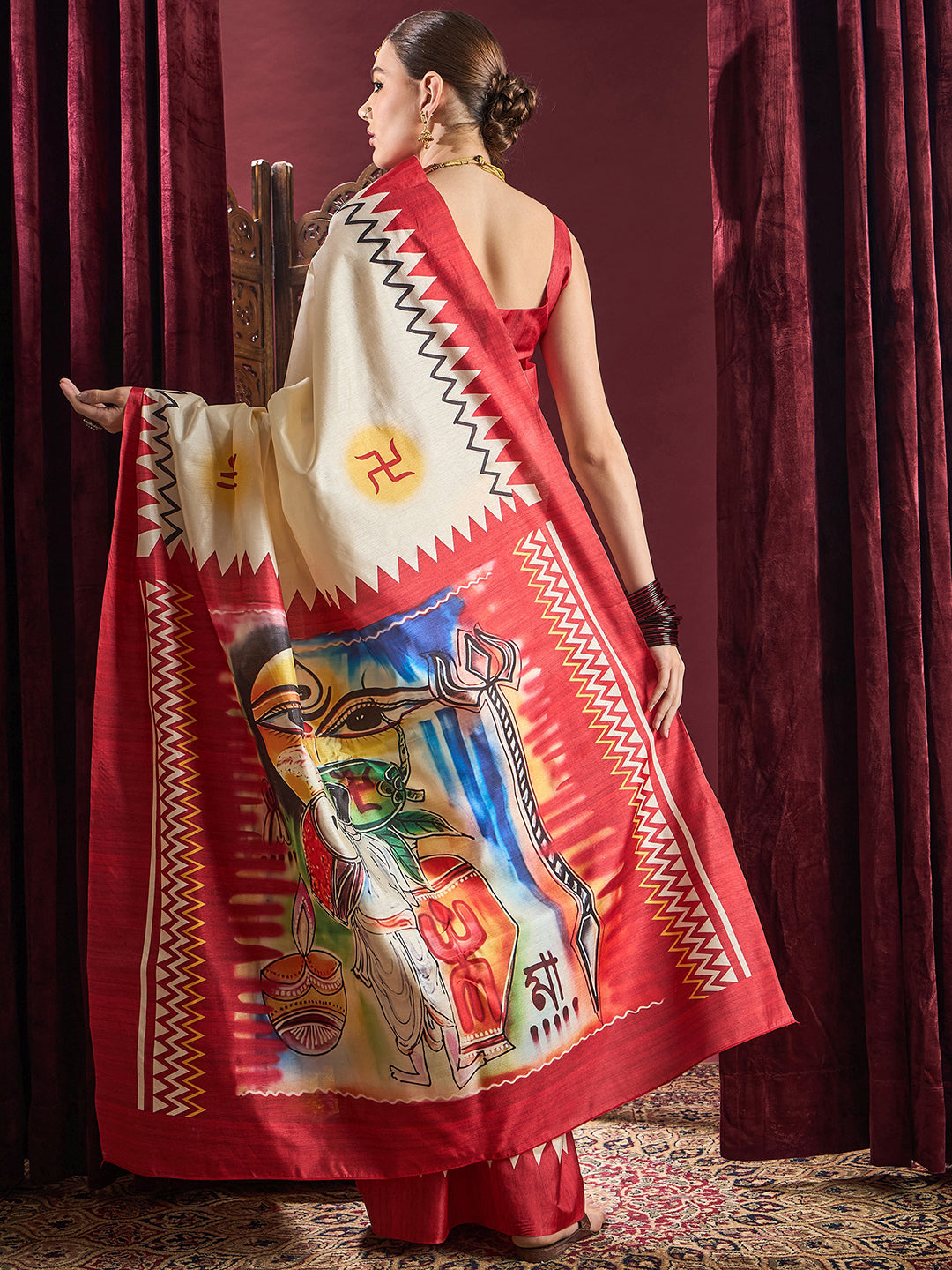 Silk Blend Off White Printed Celebrity Saree With Blouse