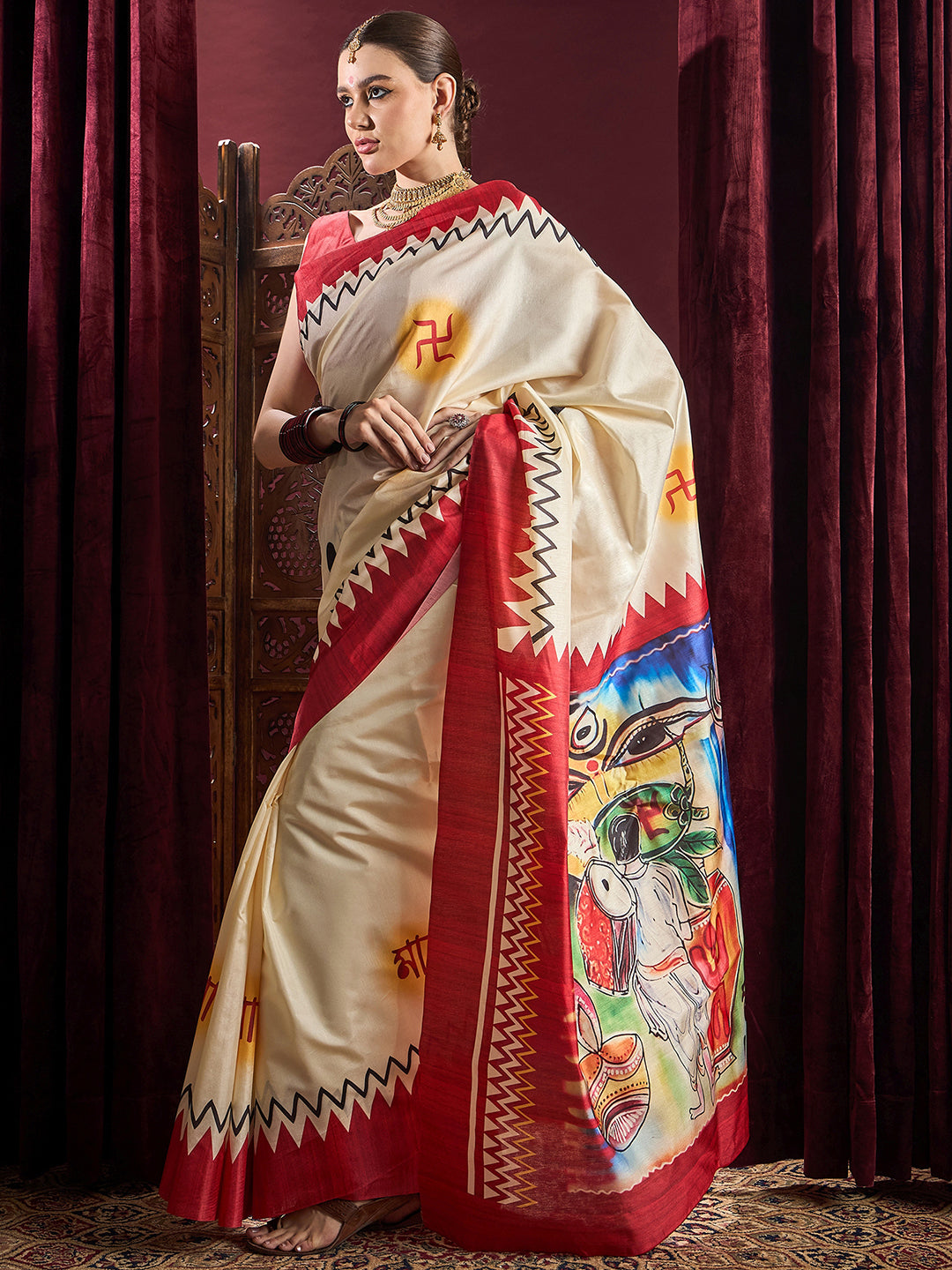 Silk Blend Off White Printed Celebrity Saree With Blouse