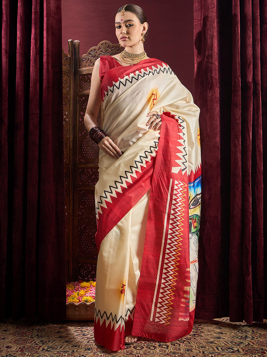 Silk Blend Off White Printed Celebrity Saree With Blouse