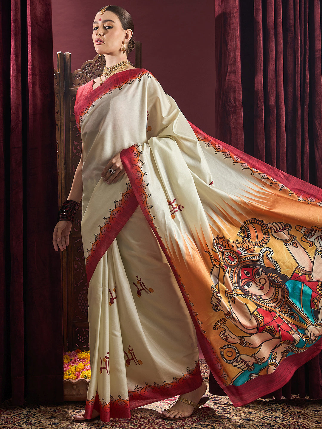 Silk Blend Off White Printed Celebrity Saree With Blouse