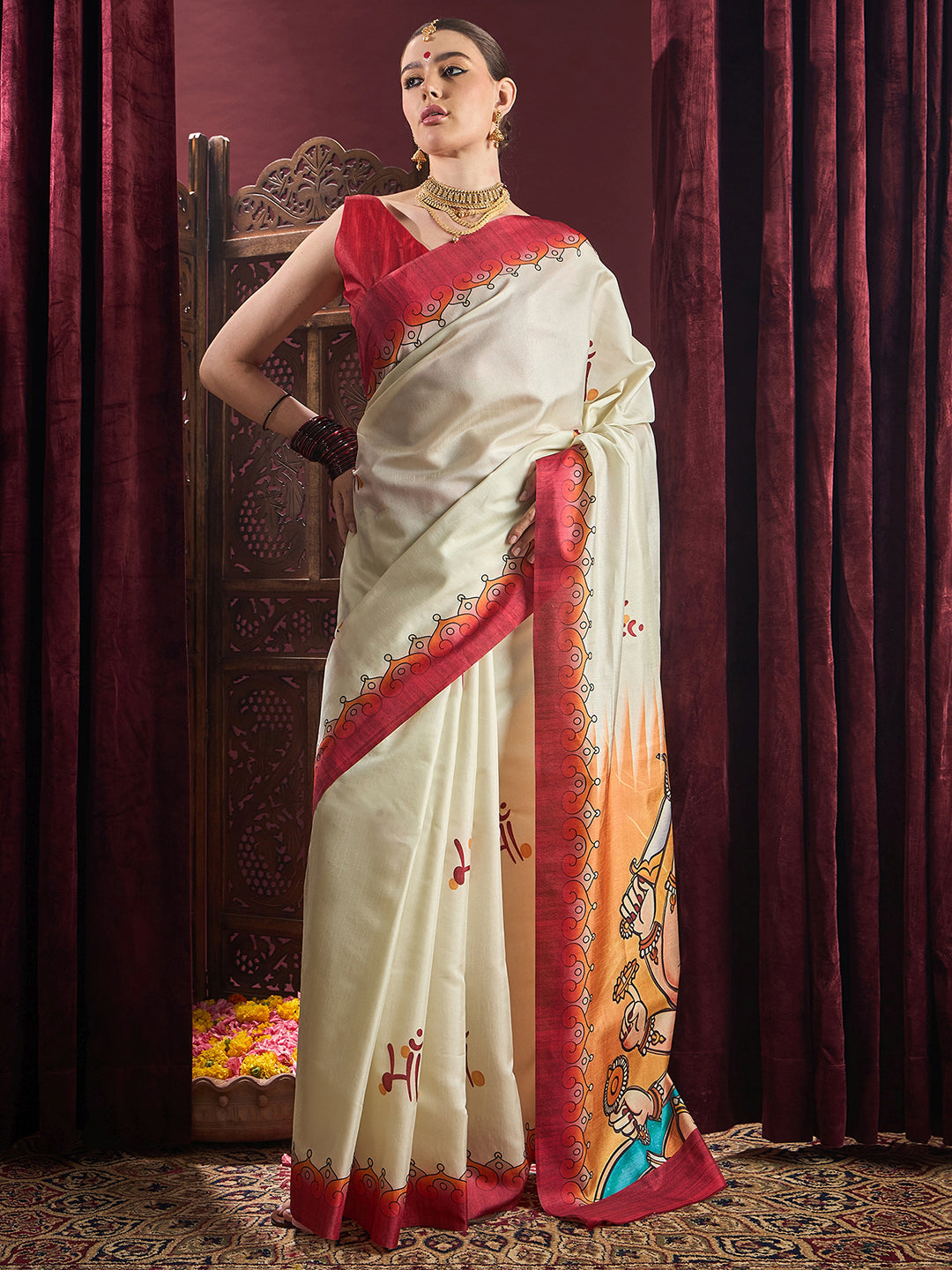 Silk Blend Off White Printed Celebrity Saree With Blouse