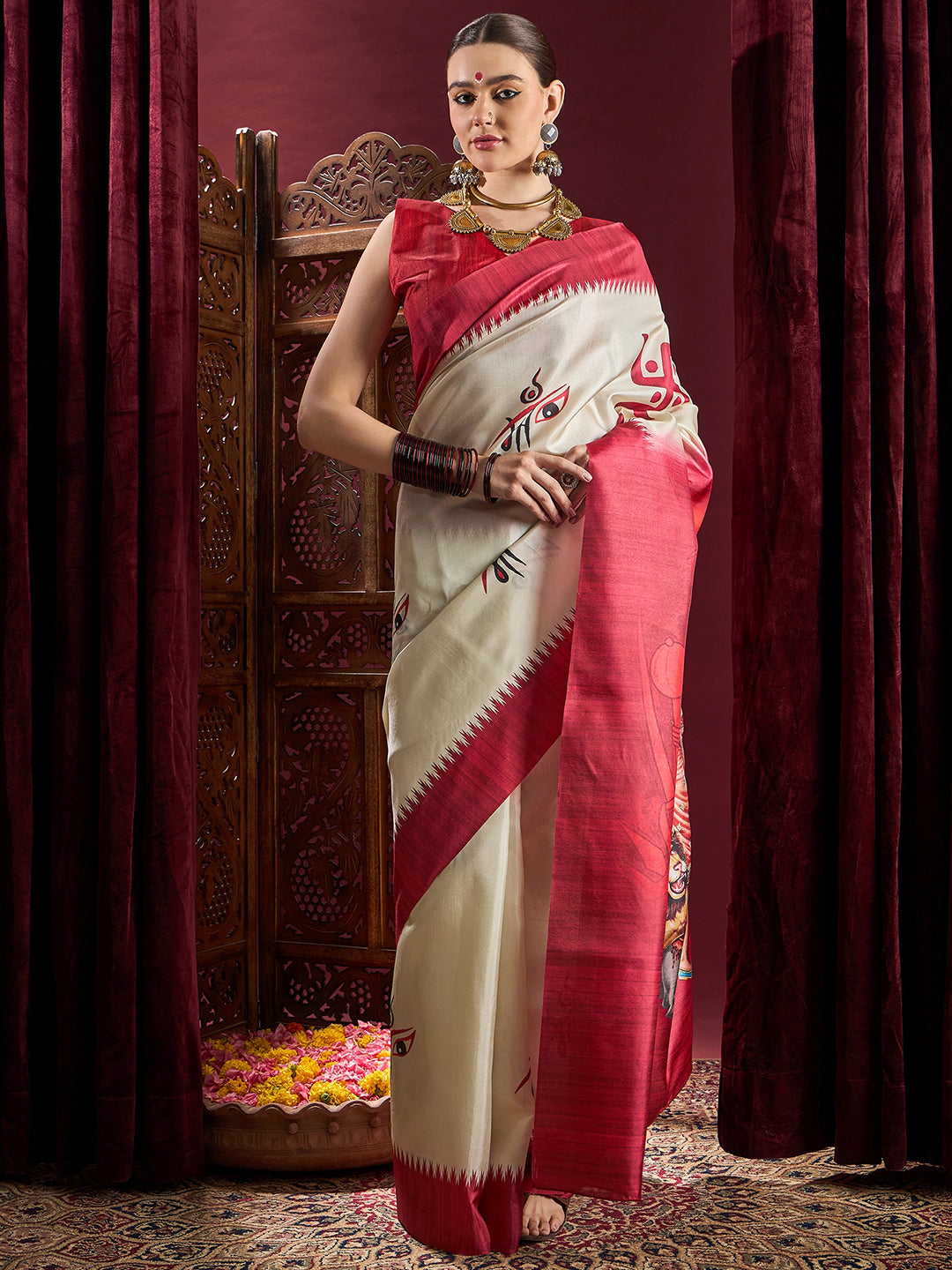 Silk Blend Off White Printed Celebrity Saree With Blouse