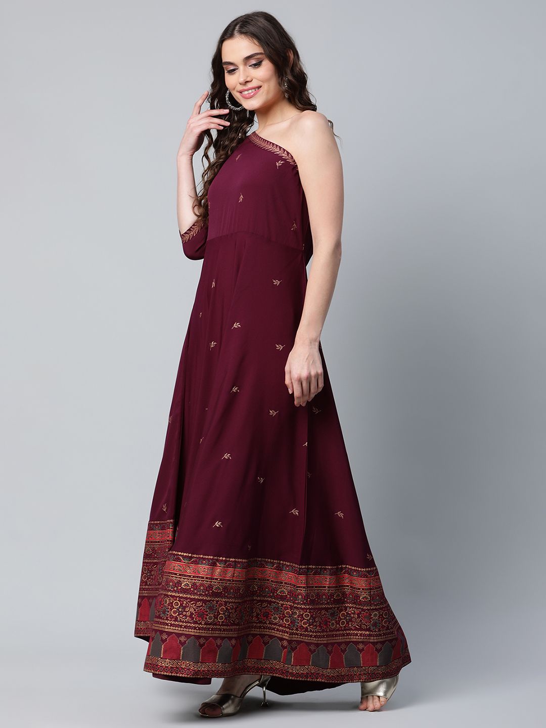 Burgundy & Gold-Toned Printed One Shoulder Ethnic Maxi Dress