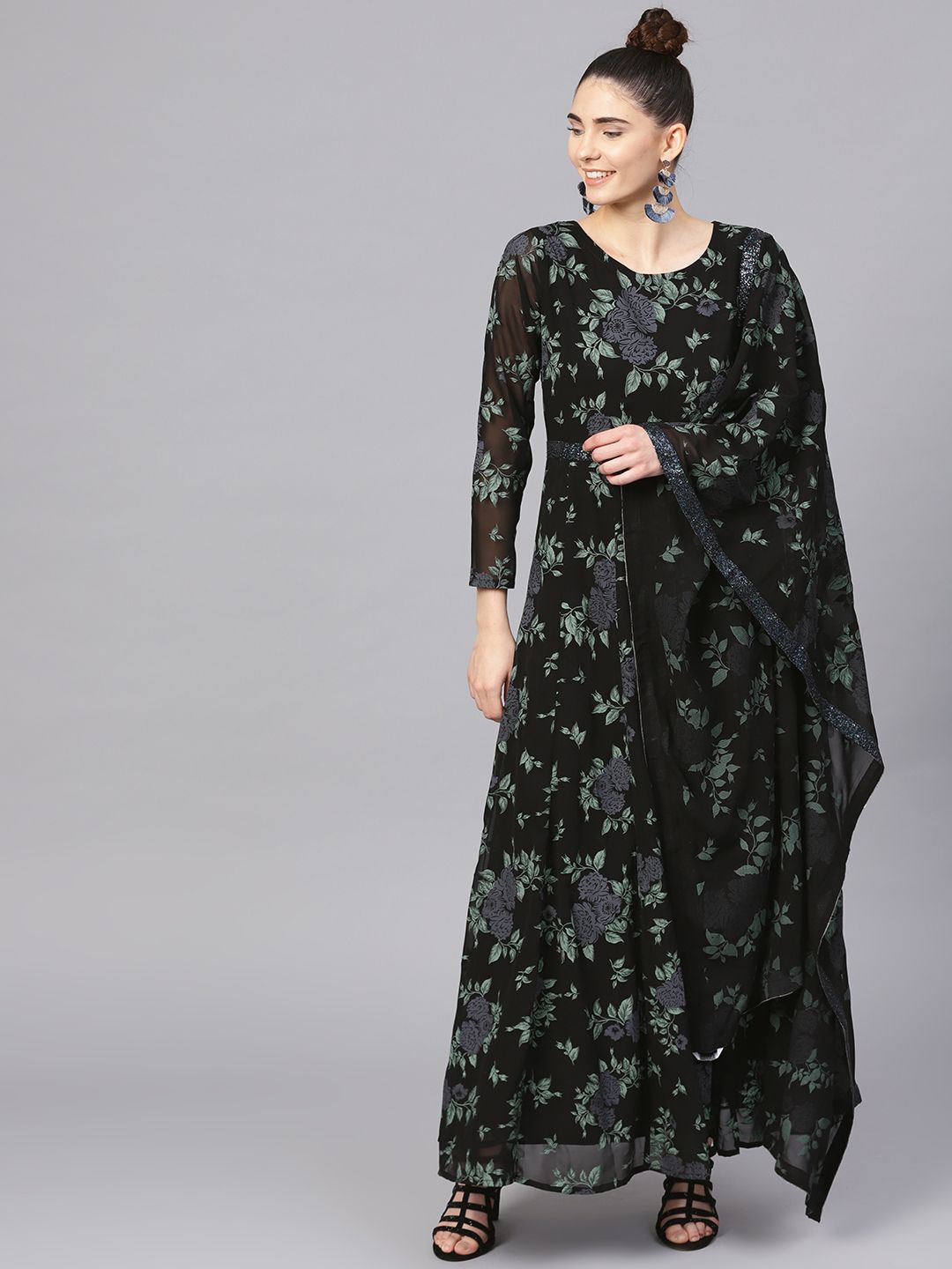 Black Printed Georgette Anarkali Kurta With Dupatta