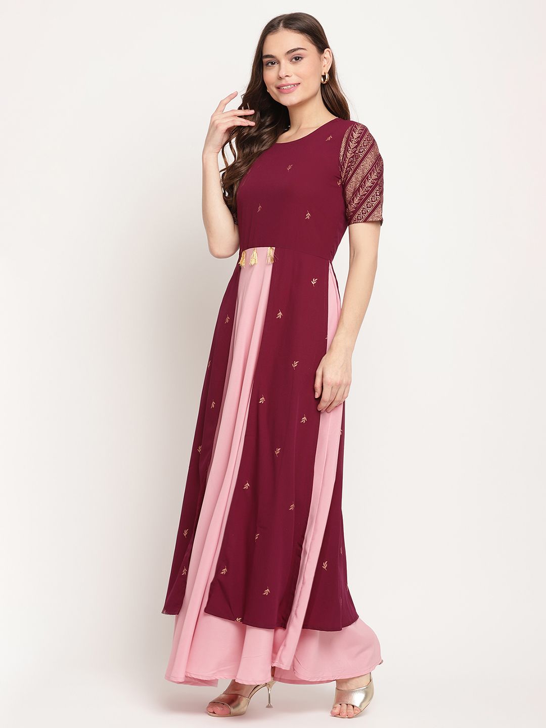 Wine Crepe Glitter Print Dress