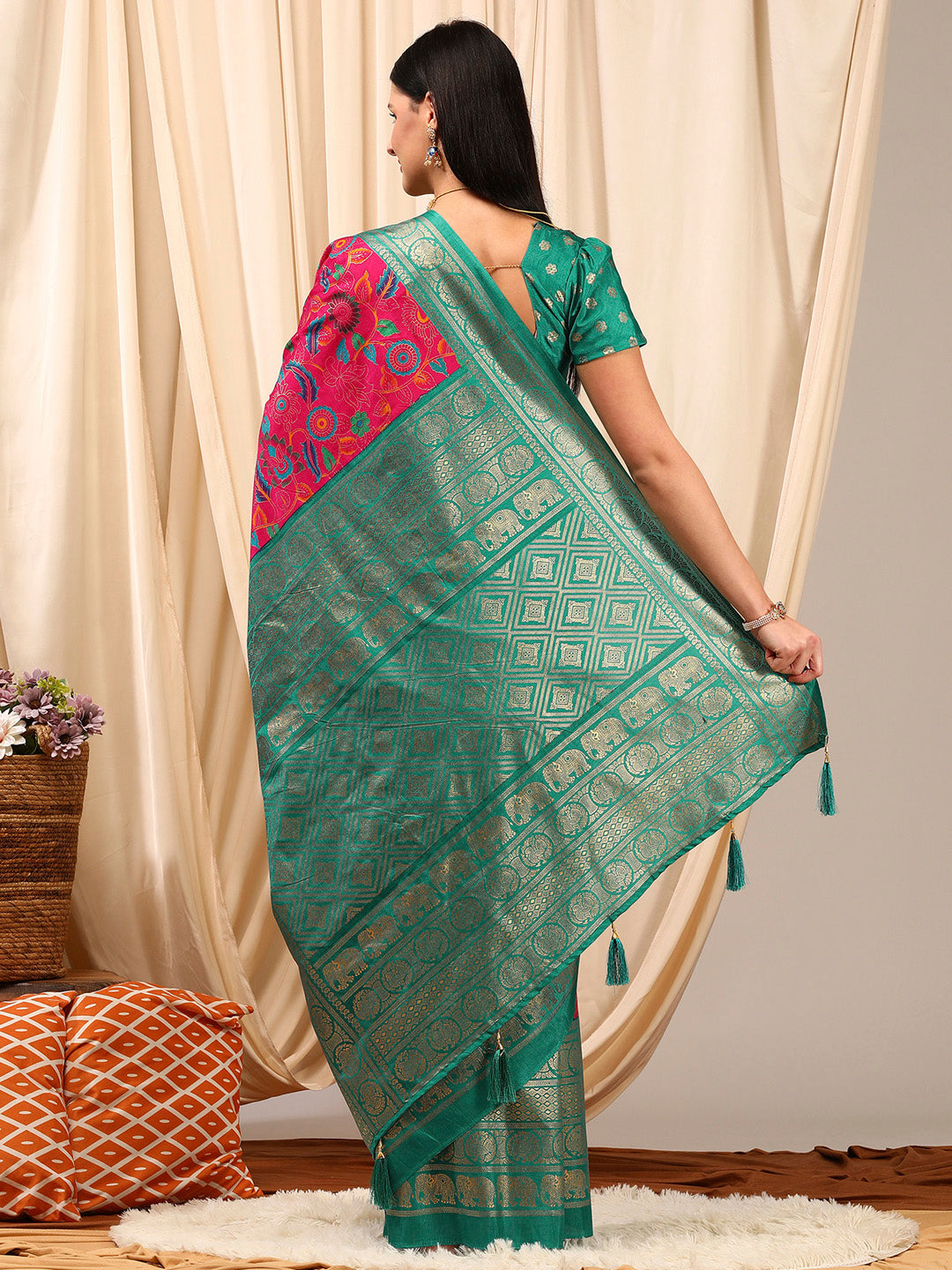 Cotton Blend Pink Printed Designer Saree With Blouse