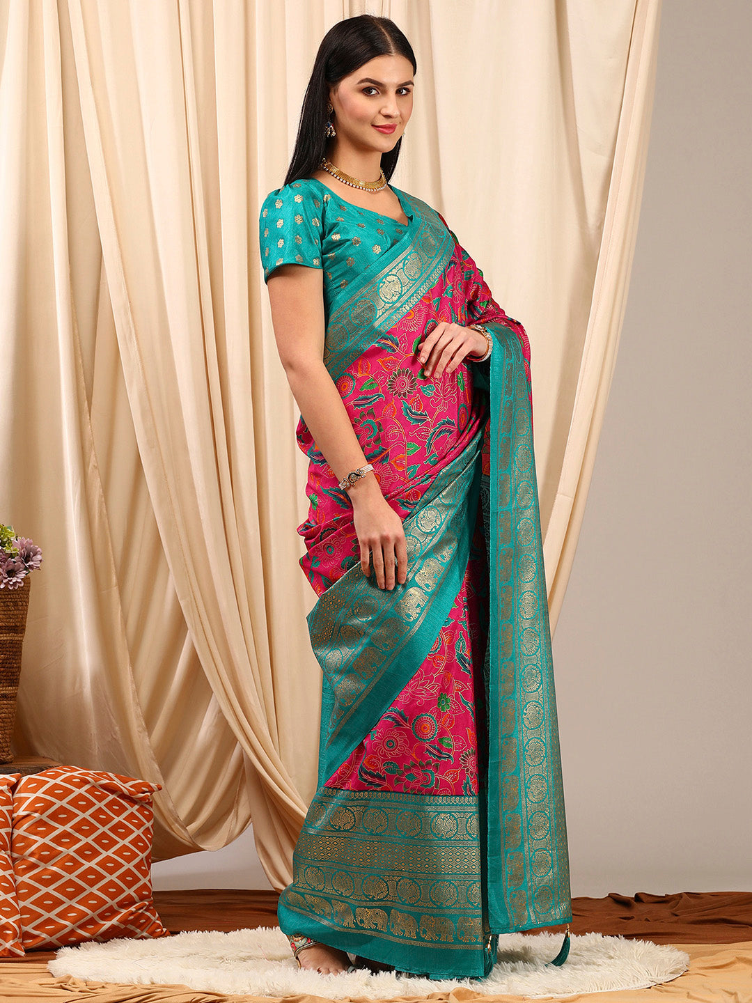 Cotton Blend Pink Printed Designer Saree With Blouse