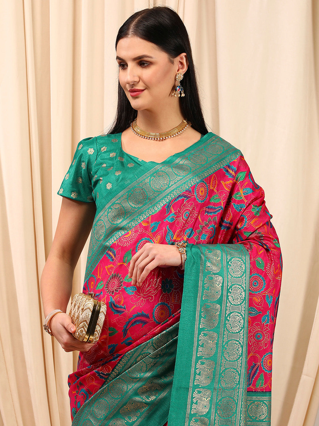 Cotton Blend Pink Printed Designer Saree With Blouse