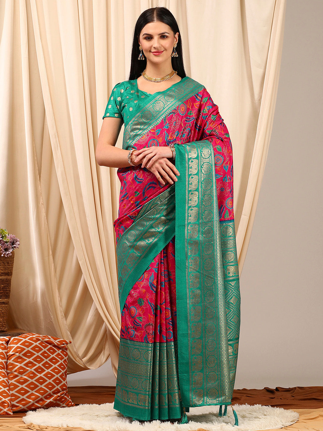 Cotton Blend Pink Printed Designer Saree With Blouse
