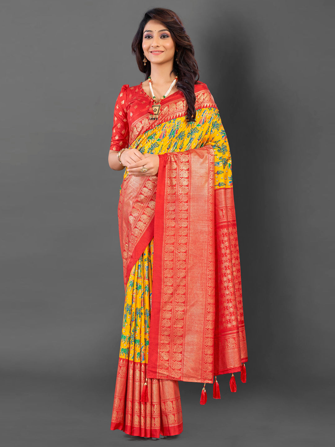 Cotton Blend Yellow Printed Designer Saree With Blouse