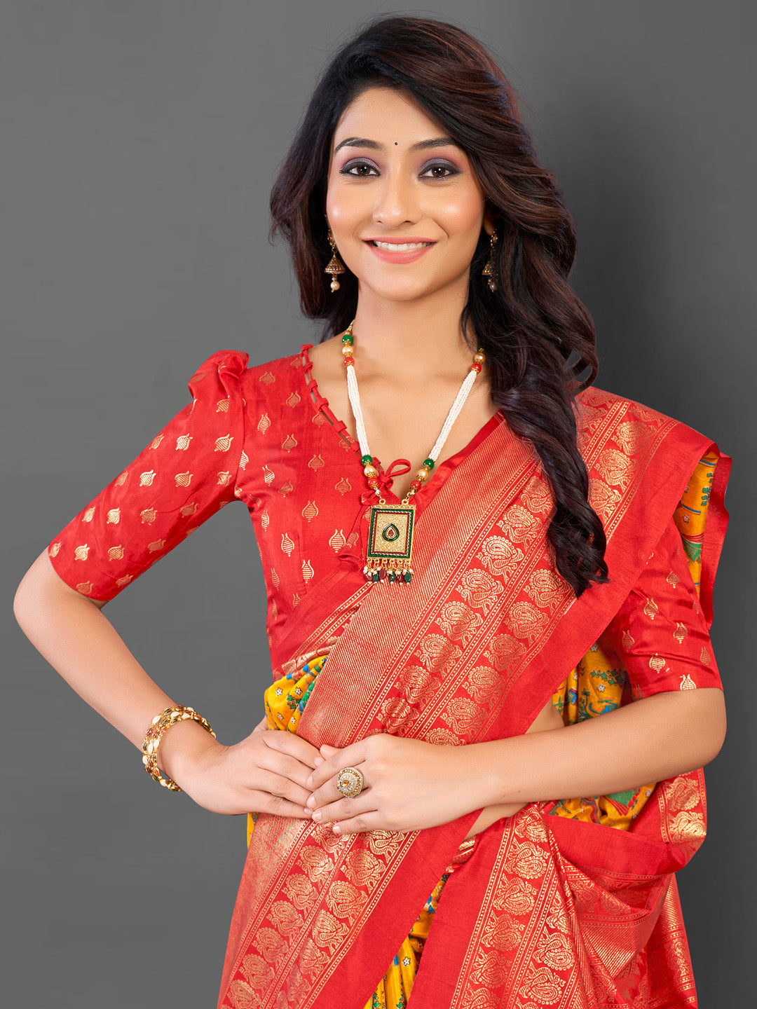 Cotton Blend Yellow Printed Designer Saree With Blouse