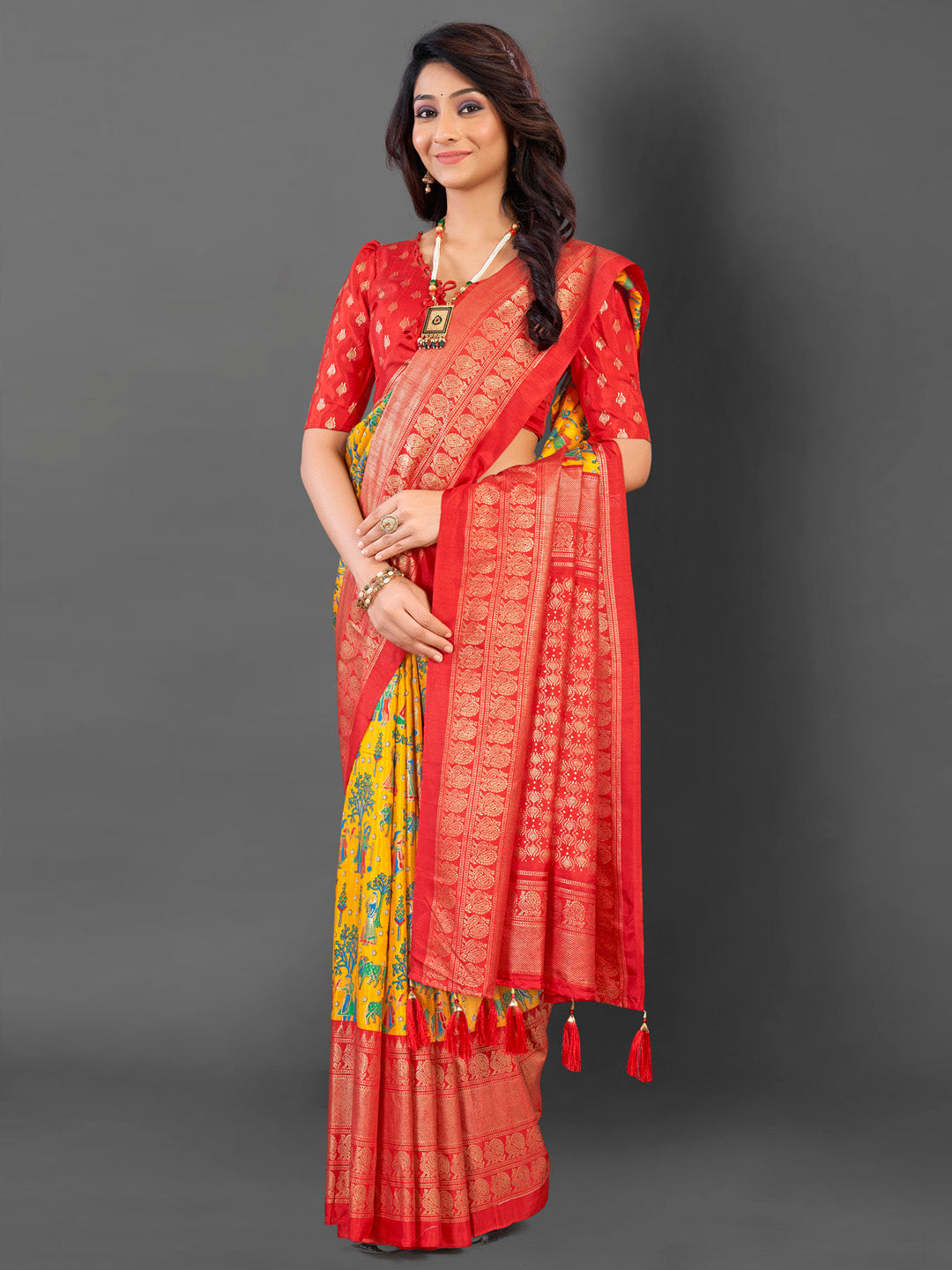 Cotton Blend Yellow Printed Designer Saree With Blouse