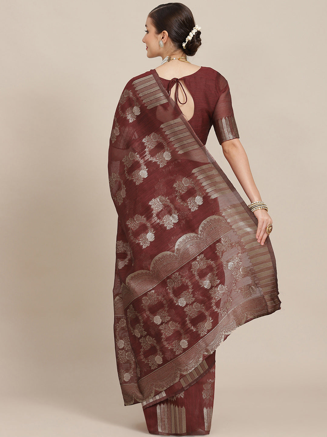 Cotton Blend Maroon Woven Design Designer Saree With Blouse