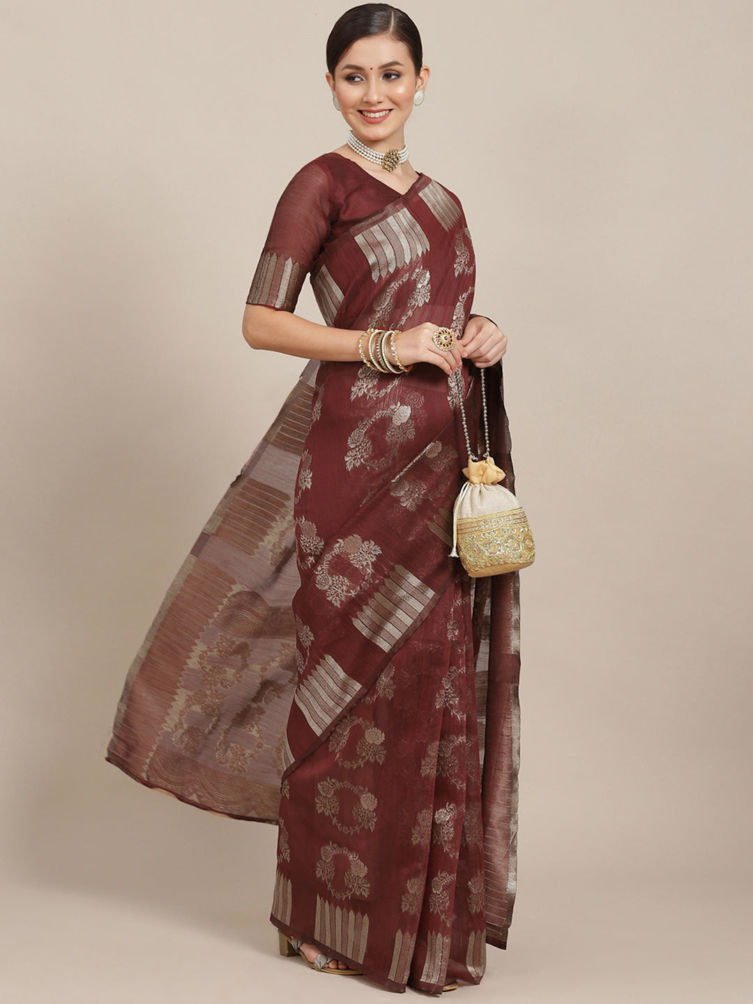 Cotton Blend Maroon Woven Design Designer Saree With Blouse