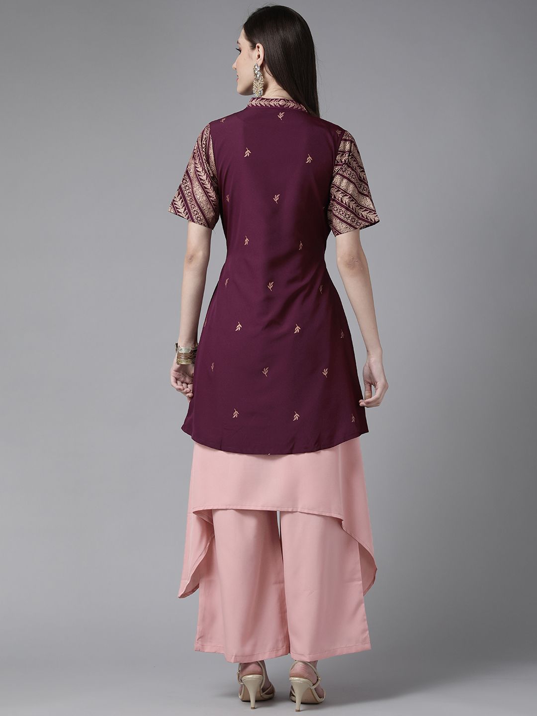 Rose Pink Crepe Kurta Palazzos Set With Burgundy Jacket