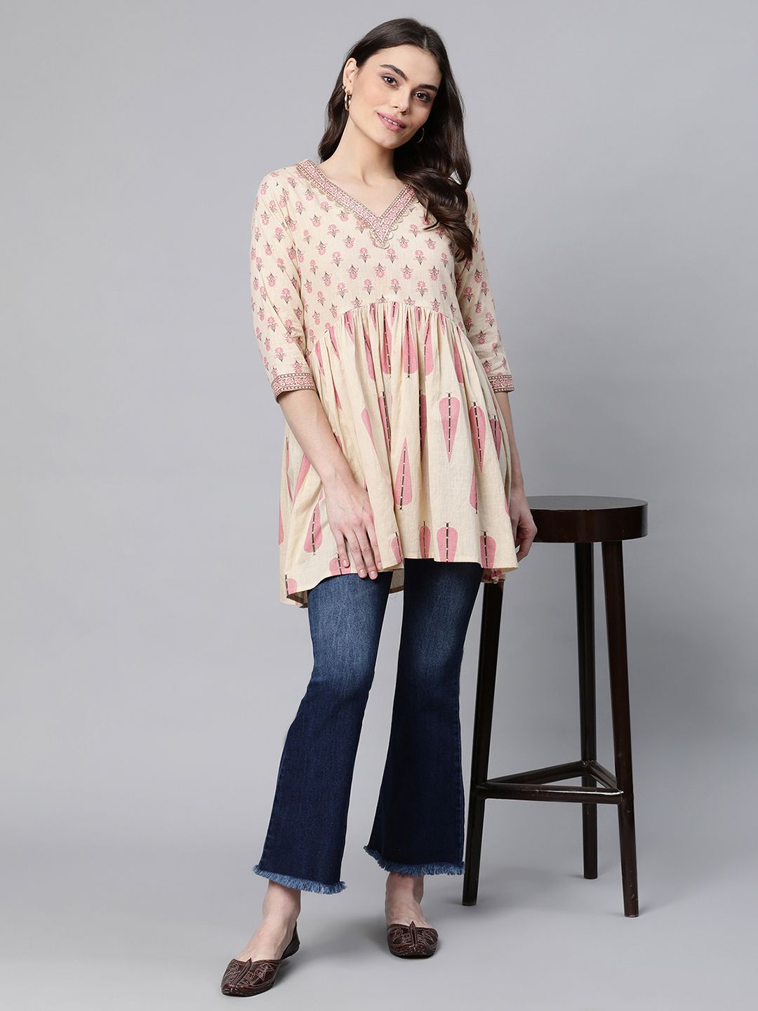 Beige Pure Cotton Printed Tunic