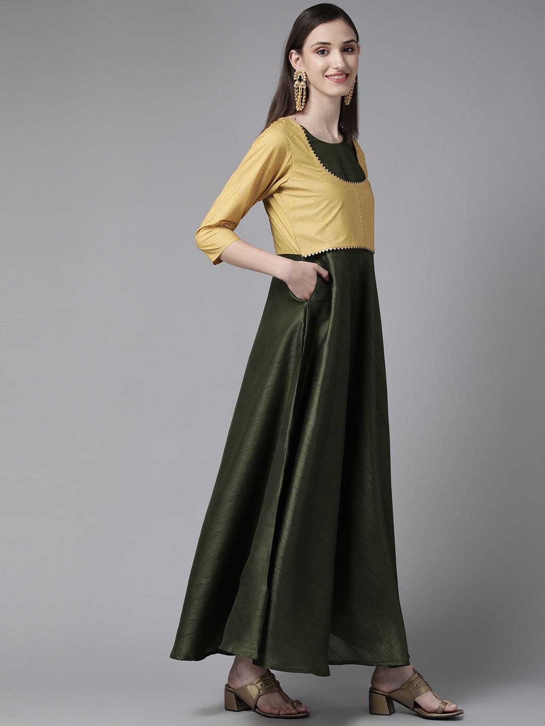 Olive Green Art Silk Solid Dress with Jacket