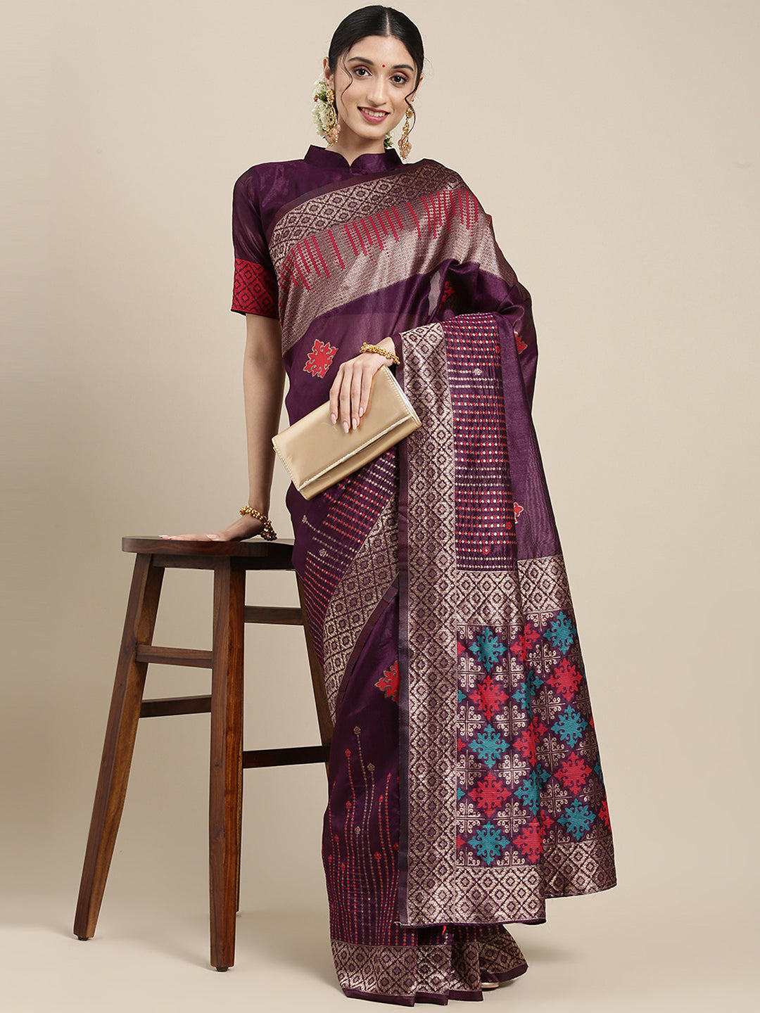 Silk Blend Purple Woven Design Designer Saree With Blouse