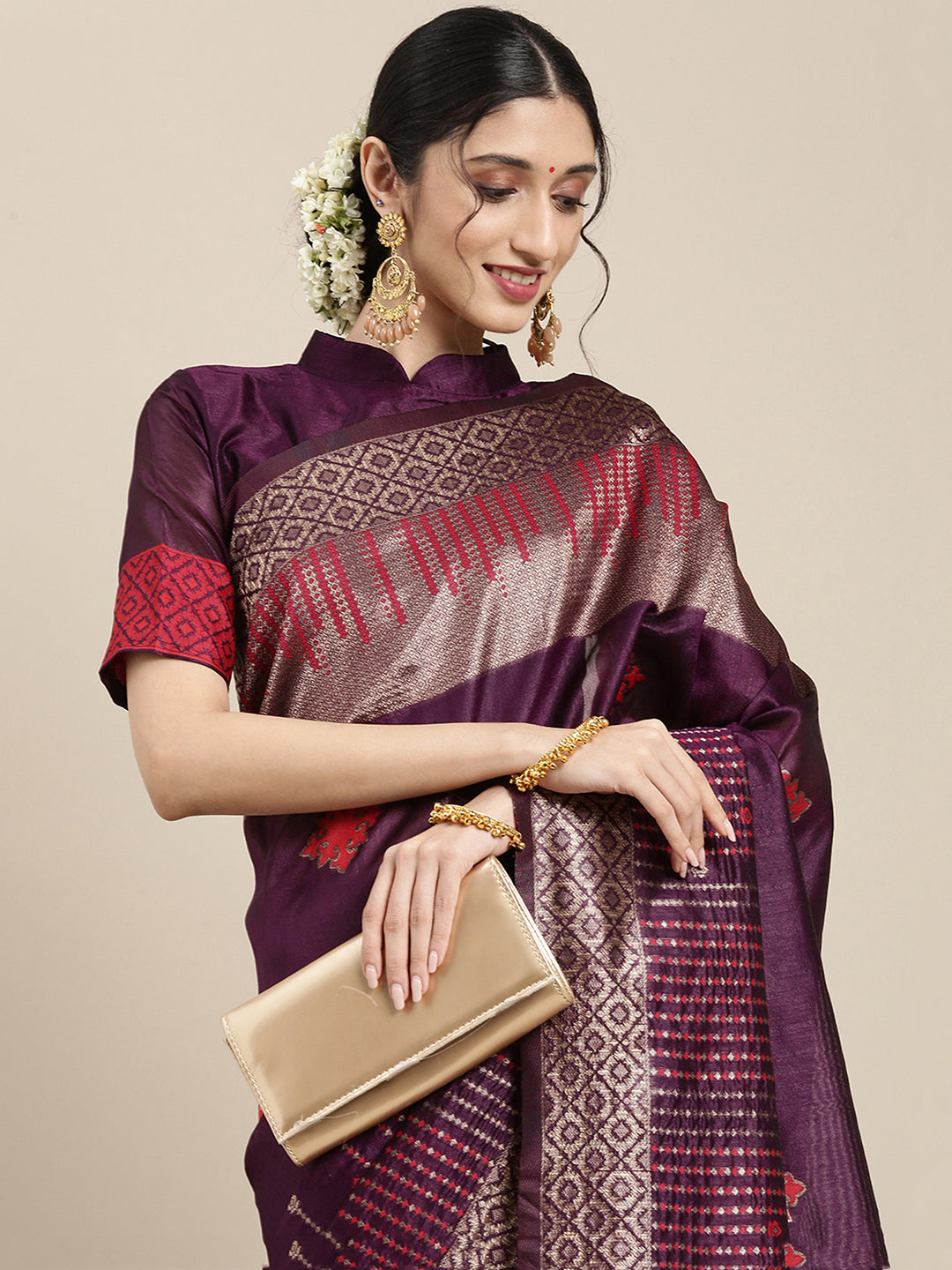 Silk Blend Purple Woven Design Designer Saree With Blouse