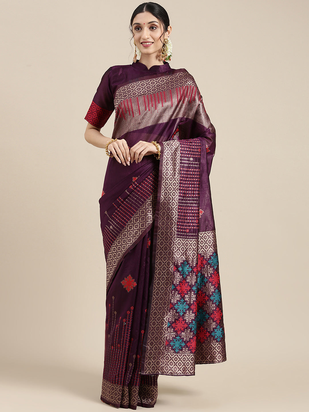 Silk Blend Purple WovenDesign DesignerSaree With Blouse Piece