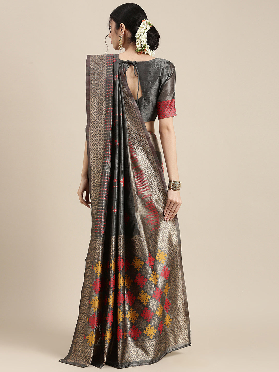 Silk Blend Grey WovenDesign DesignerSaree With Blouse Piece