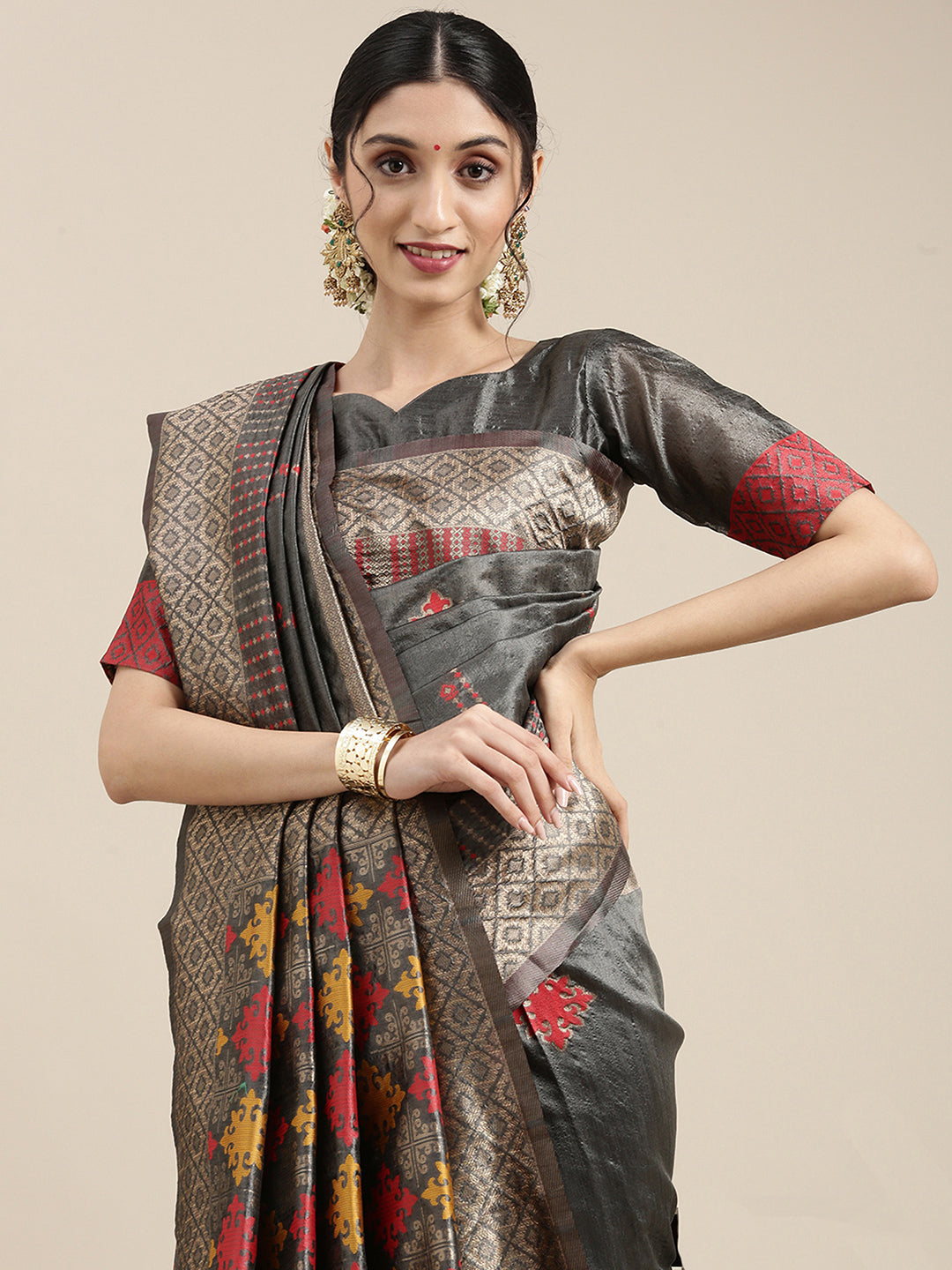 Silk Blend Grey WovenDesign DesignerSaree With Blouse Piece