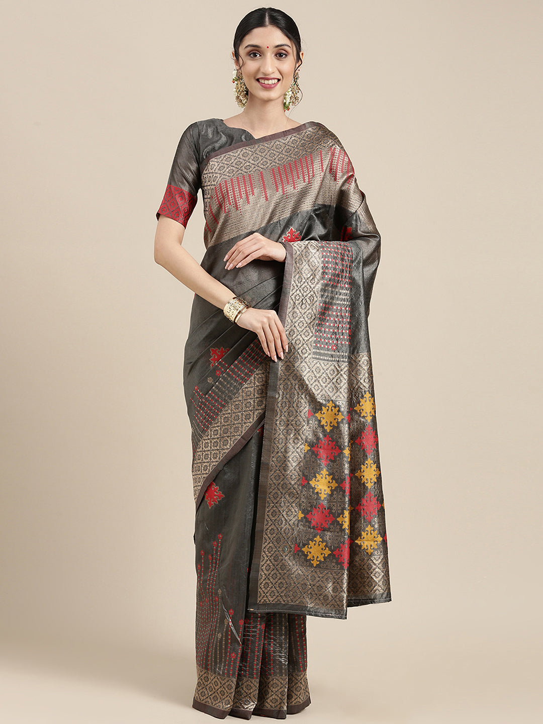 Silk Blend Grey WovenDesign DesignerSaree With Blouse Piece