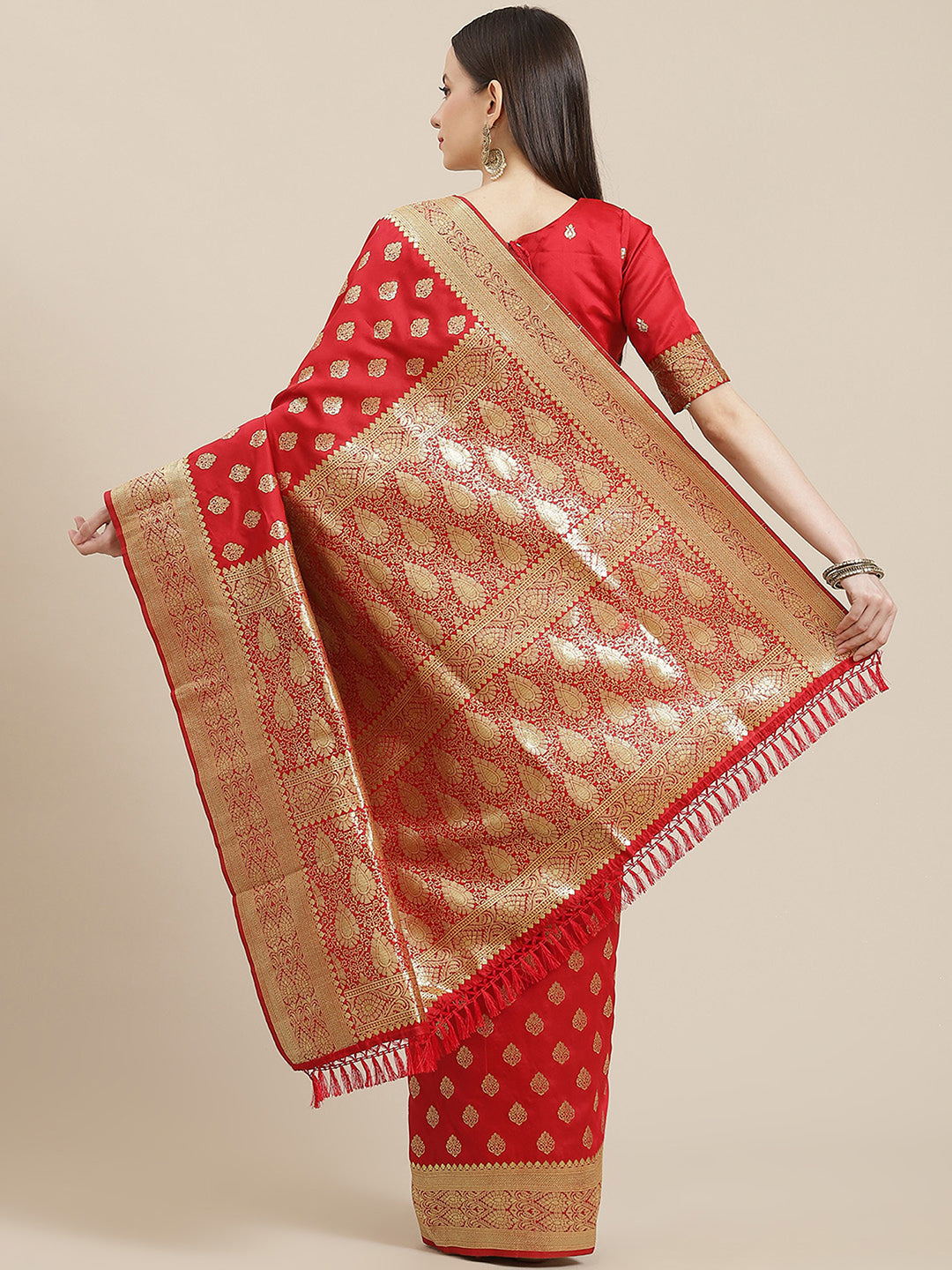 Silk Blend Red Woven Design Woven saree With Blouse