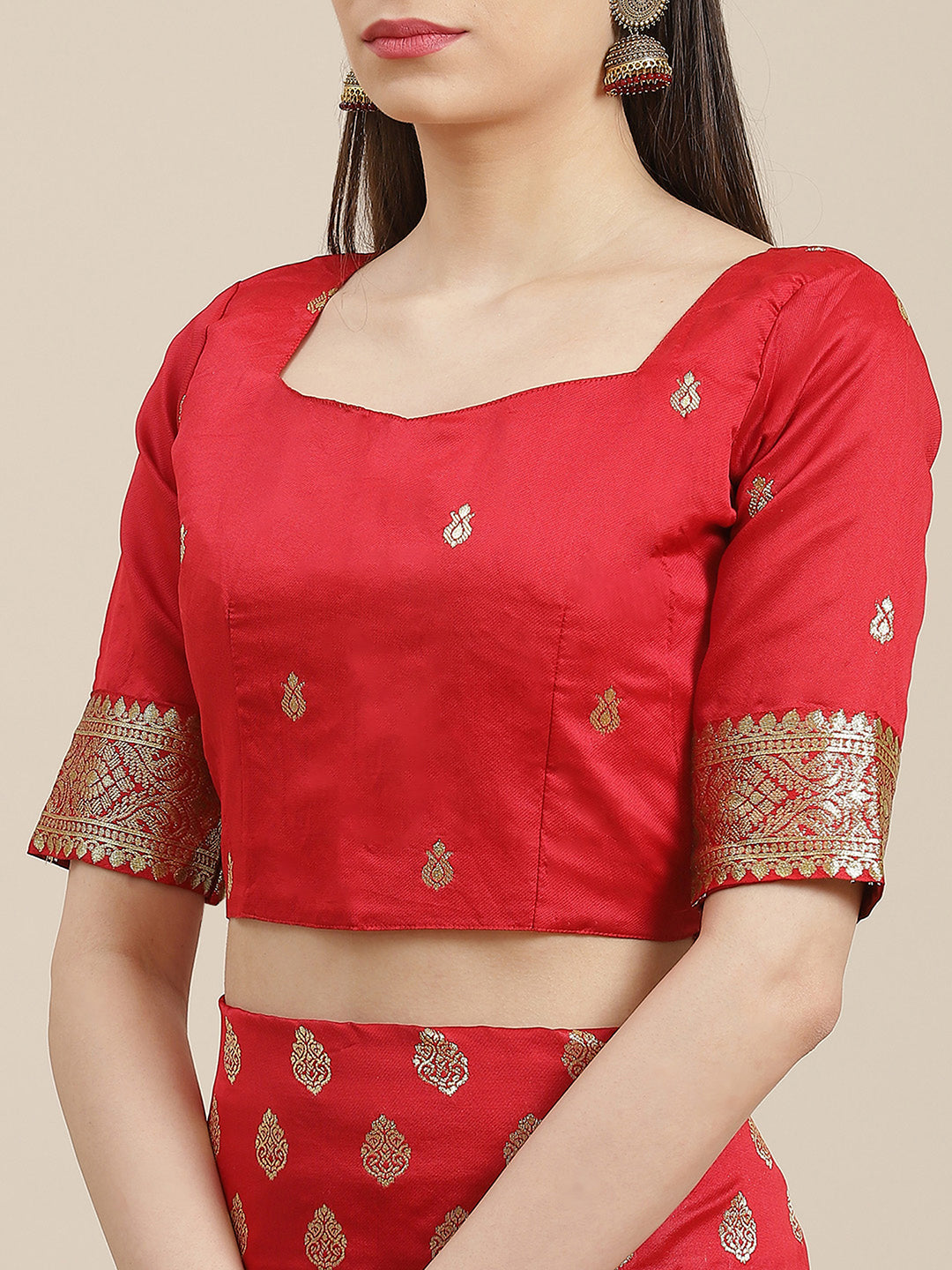 Silk Blend Red Woven Design Woven saree With Blouse