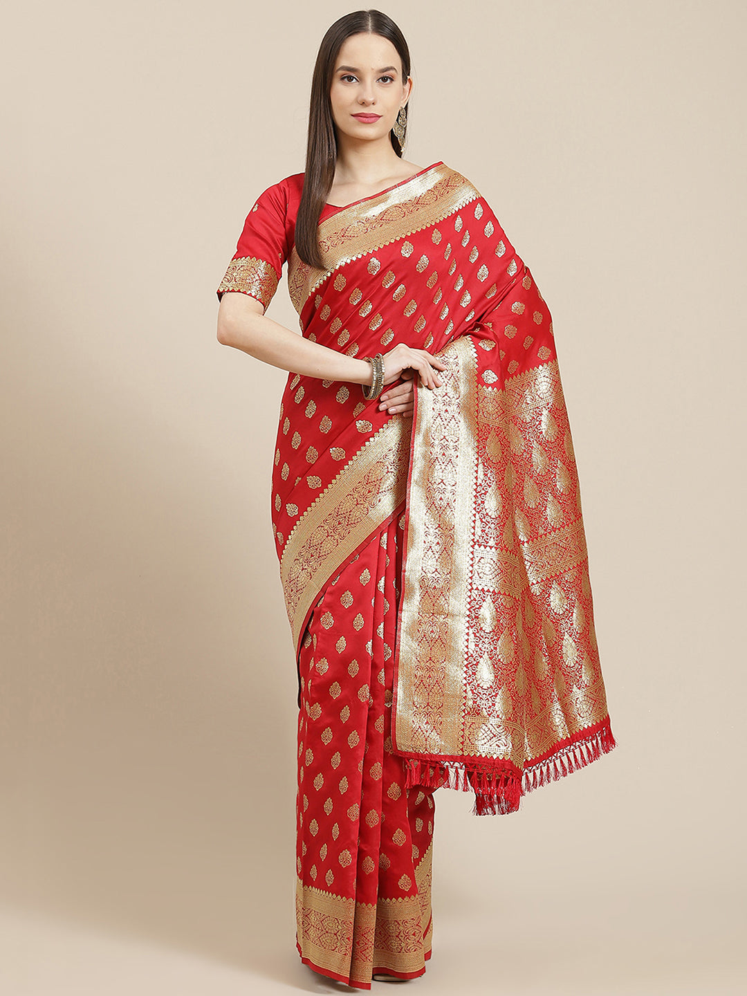 Silk Blend Red Woven Design Woven saree With Blouse