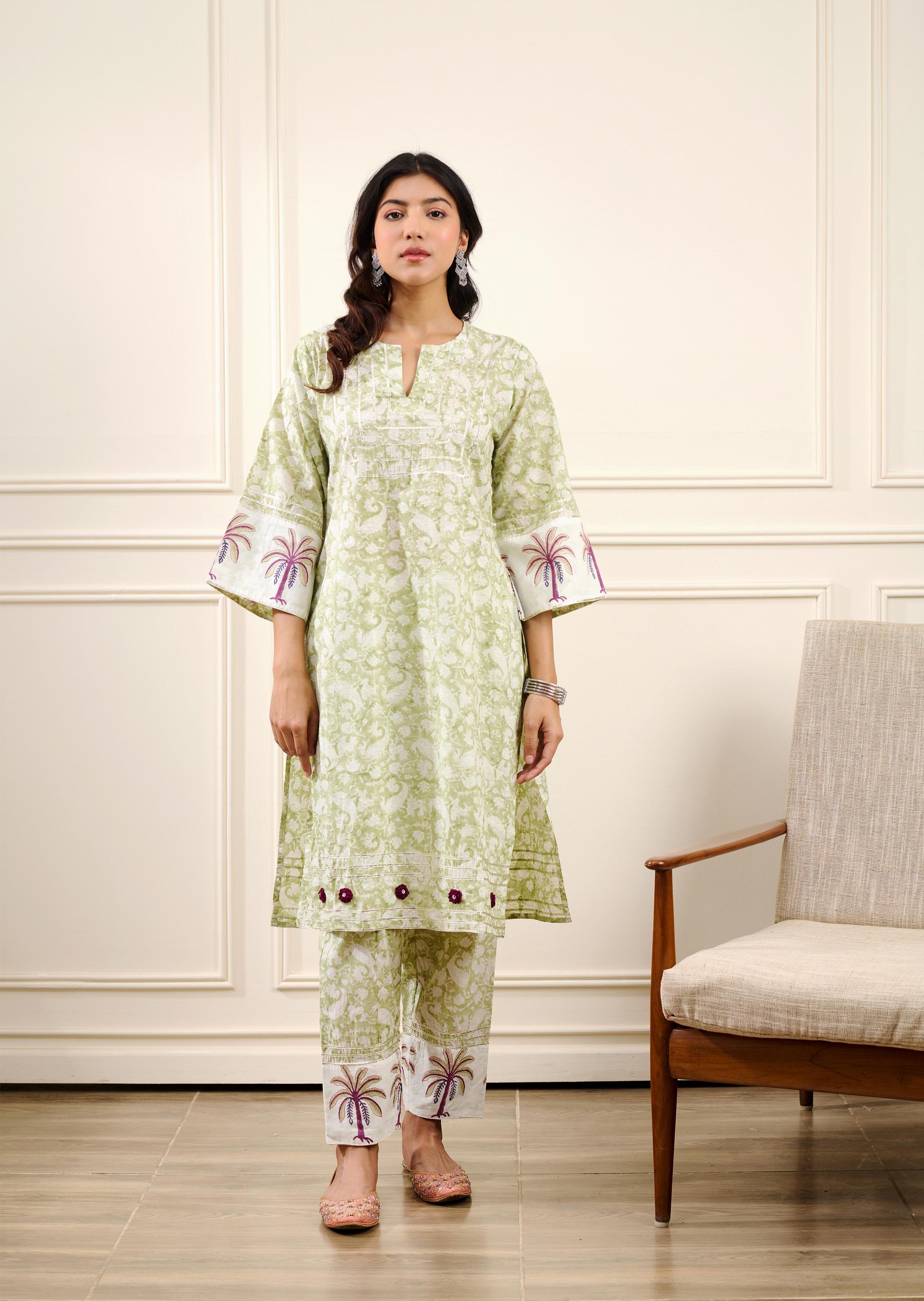 Roohi Green Straight Kurta with pant ( Set of 2)-FL