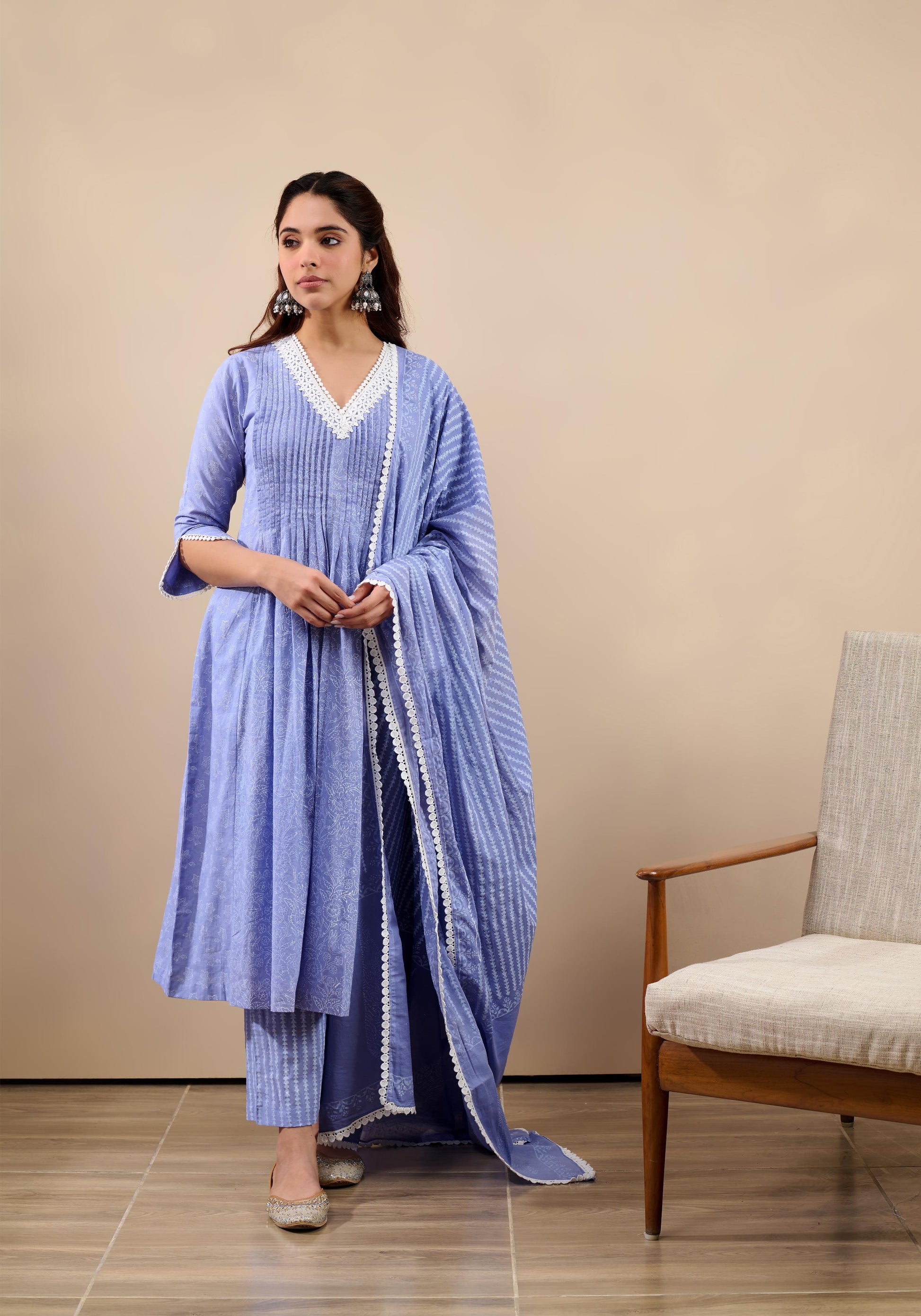 Hoor Sky Blue A-Line Kurta with pant and Dupatta-FL