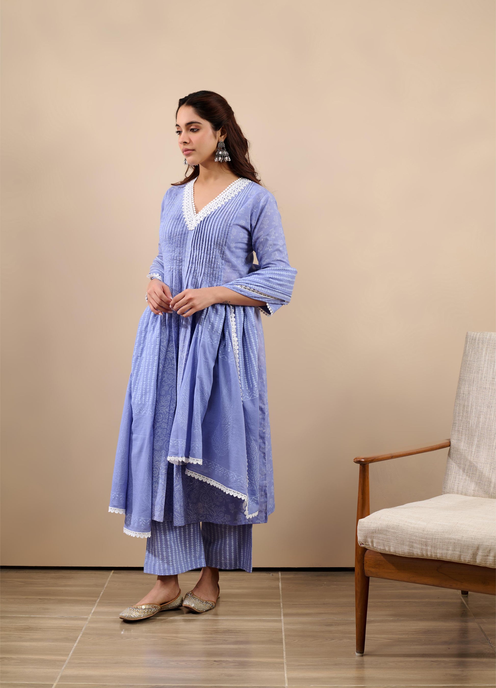 Hoor Sky Blue A-Line Kurta with pant and Dupatta-FL