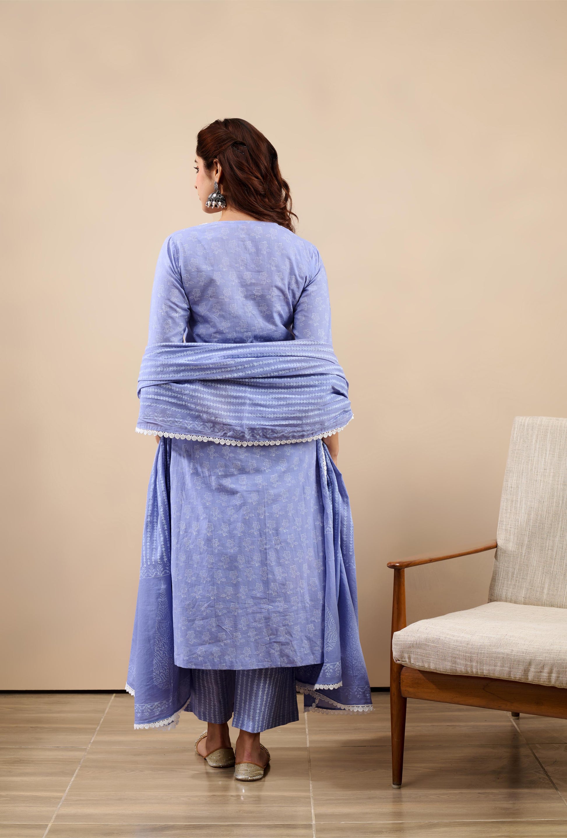 Hoor Sky Blue A-Line Kurta with pant and Dupatta-FL