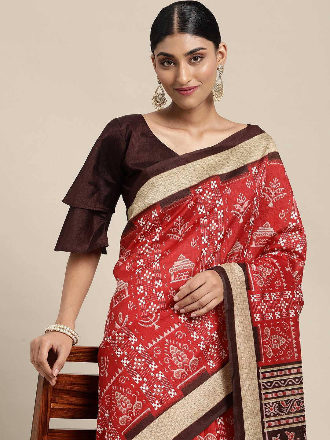 Bhagalpuri Silk Red Printed Designer Saree With Blouse