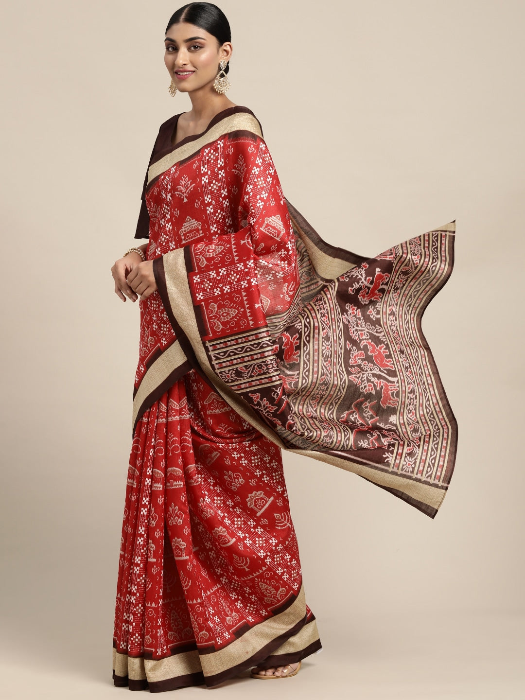 Bhagalpuri Silk Red Printed Designer Saree With Blouse