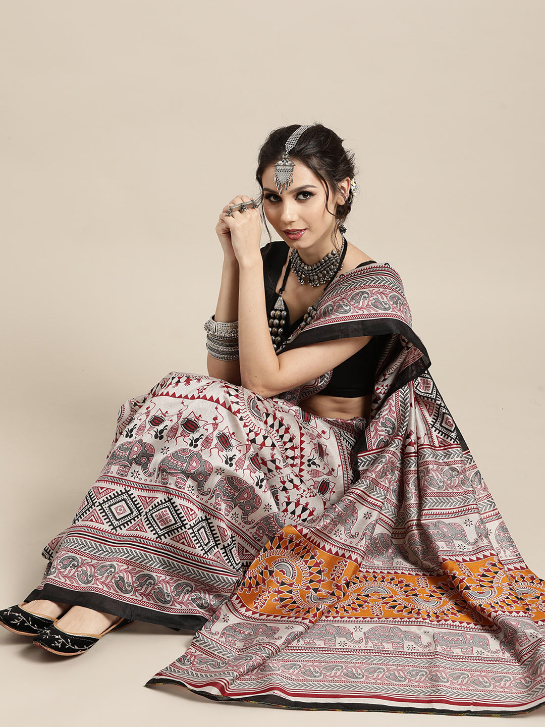 Bhagalpuri Silk Grey Printed Designer Saree With Blouse