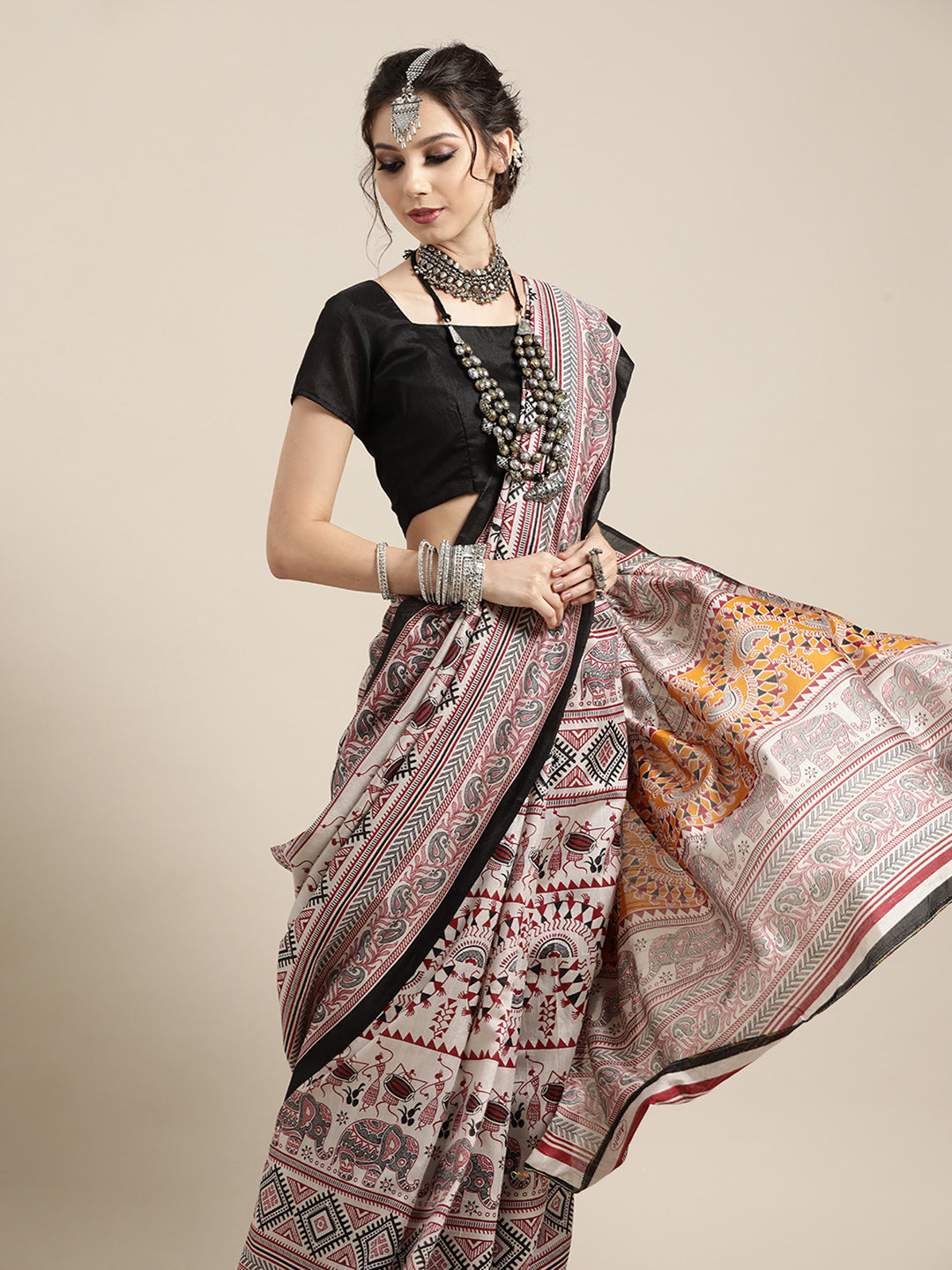 Bhagalpuri Silk Grey Printed Designer Saree With Blouse