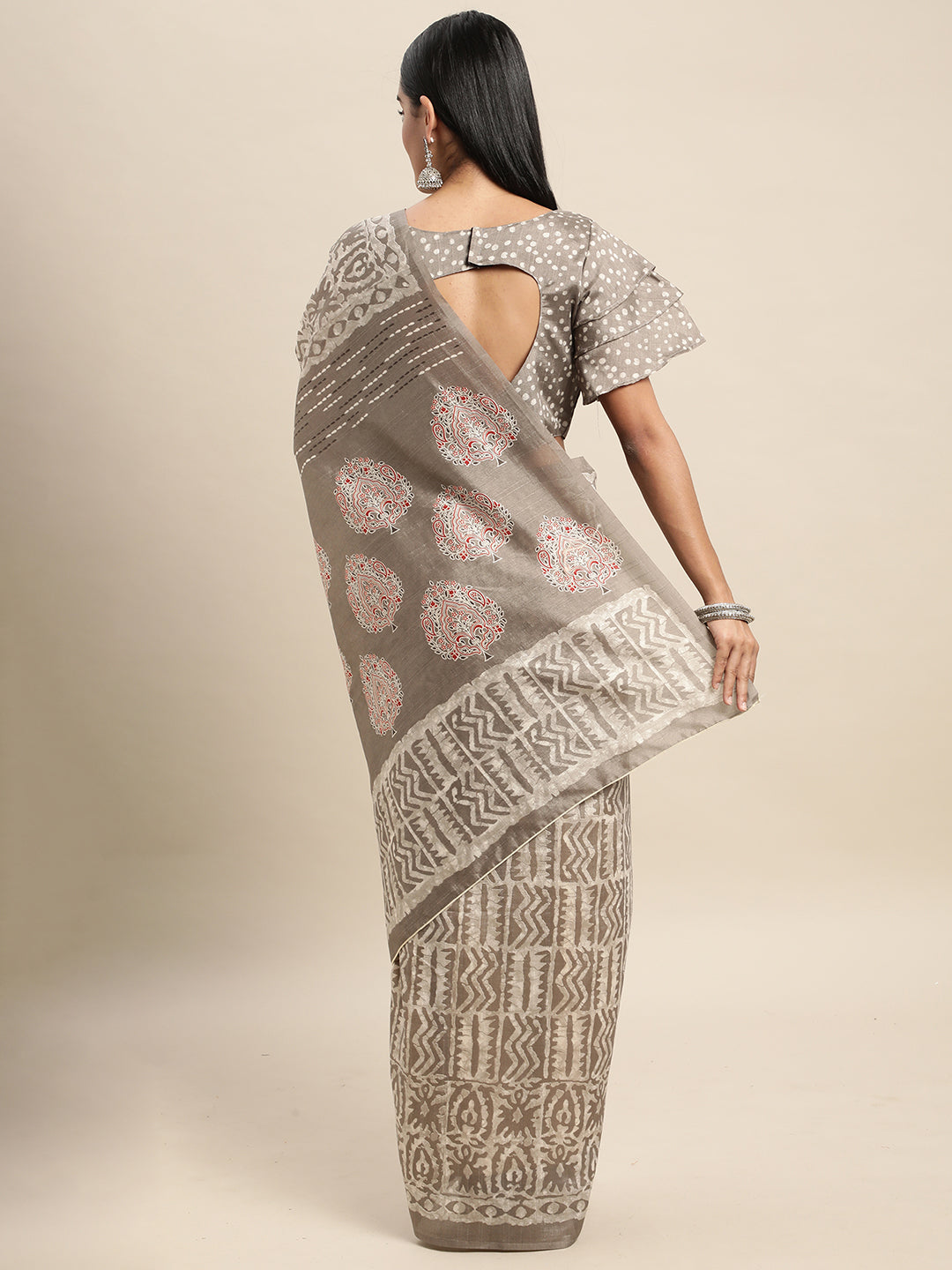 Bhagalpuri Silk Grey Printed Celebrity Saree With Blouse