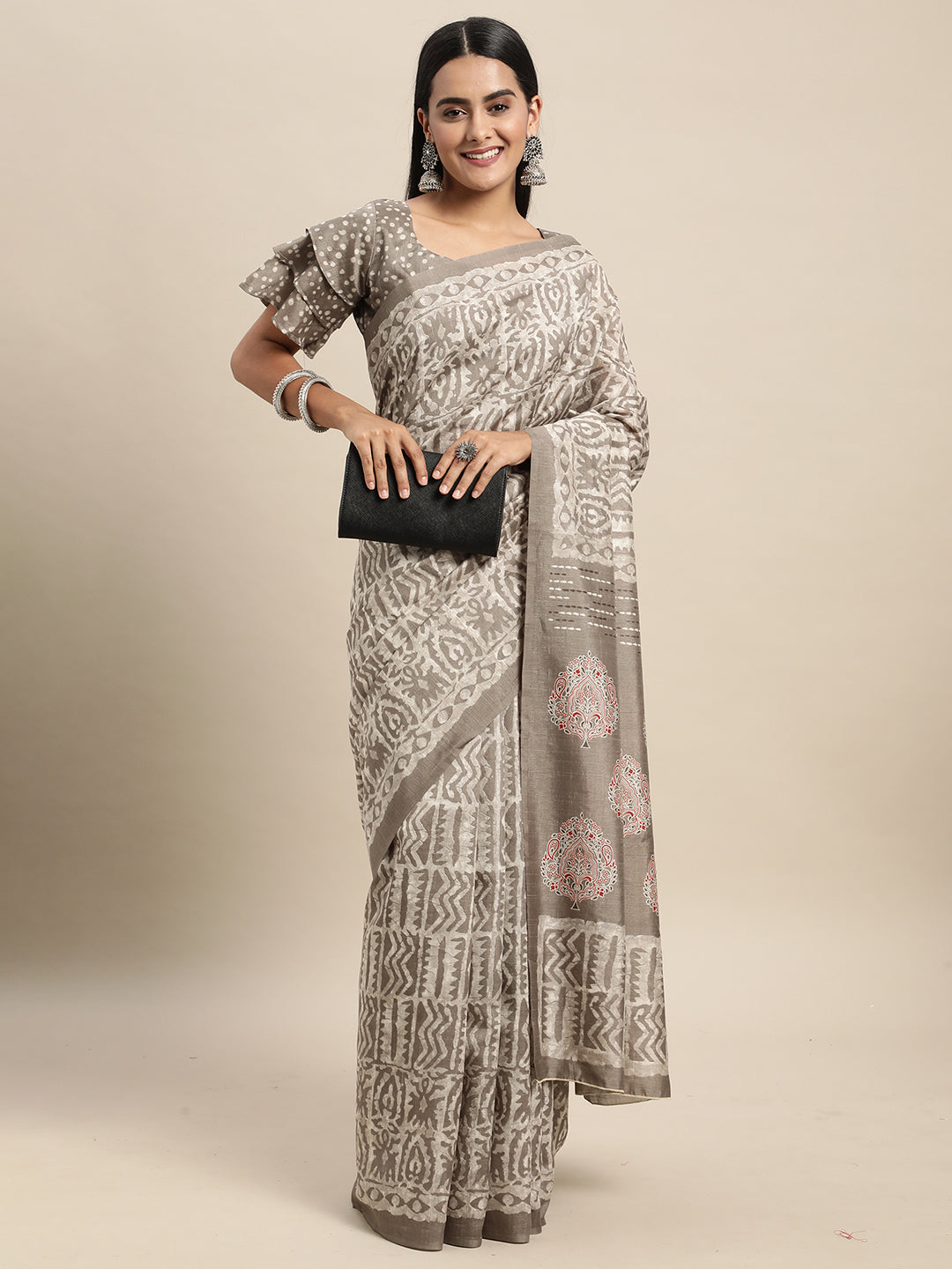 Bhagalpuri Silk Grey Printed Celebrity Saree With Blouse