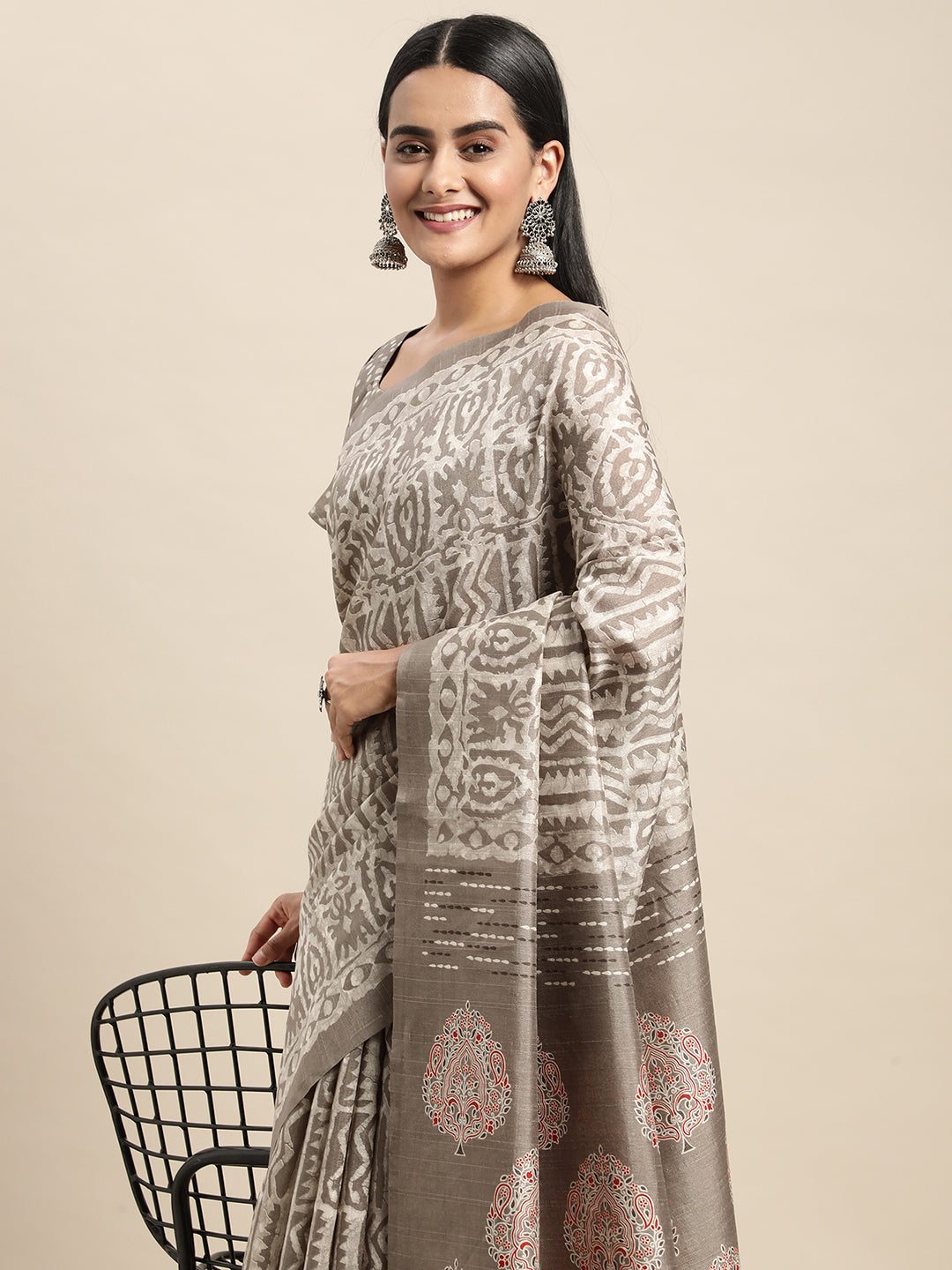 Bhagalpuri Silk Grey Printed Celebrity Saree With Blouse