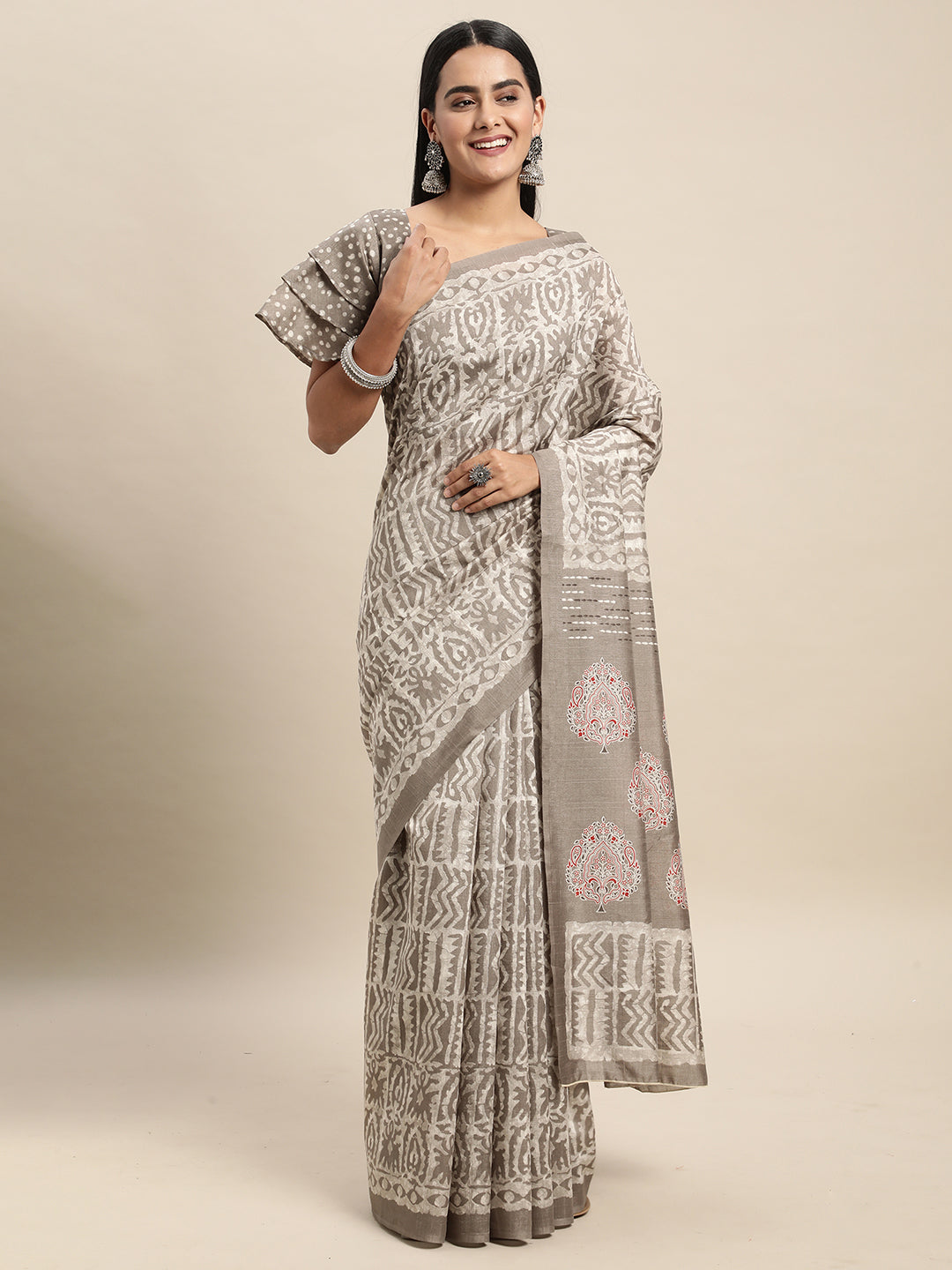 Bhagalpuri Silk Grey Printed Celebrity Saree With Blouse