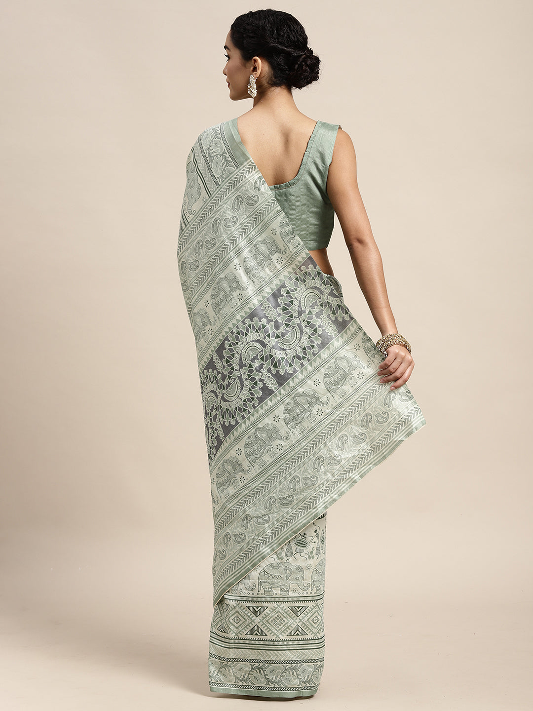 Bhagalpuri Silk Sea Green Printed Celebrity Saree With Blouse