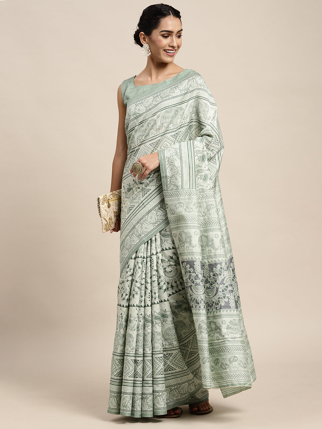 Bhagalpuri Silk Sea Green Printed Celebrity Saree With Blouse