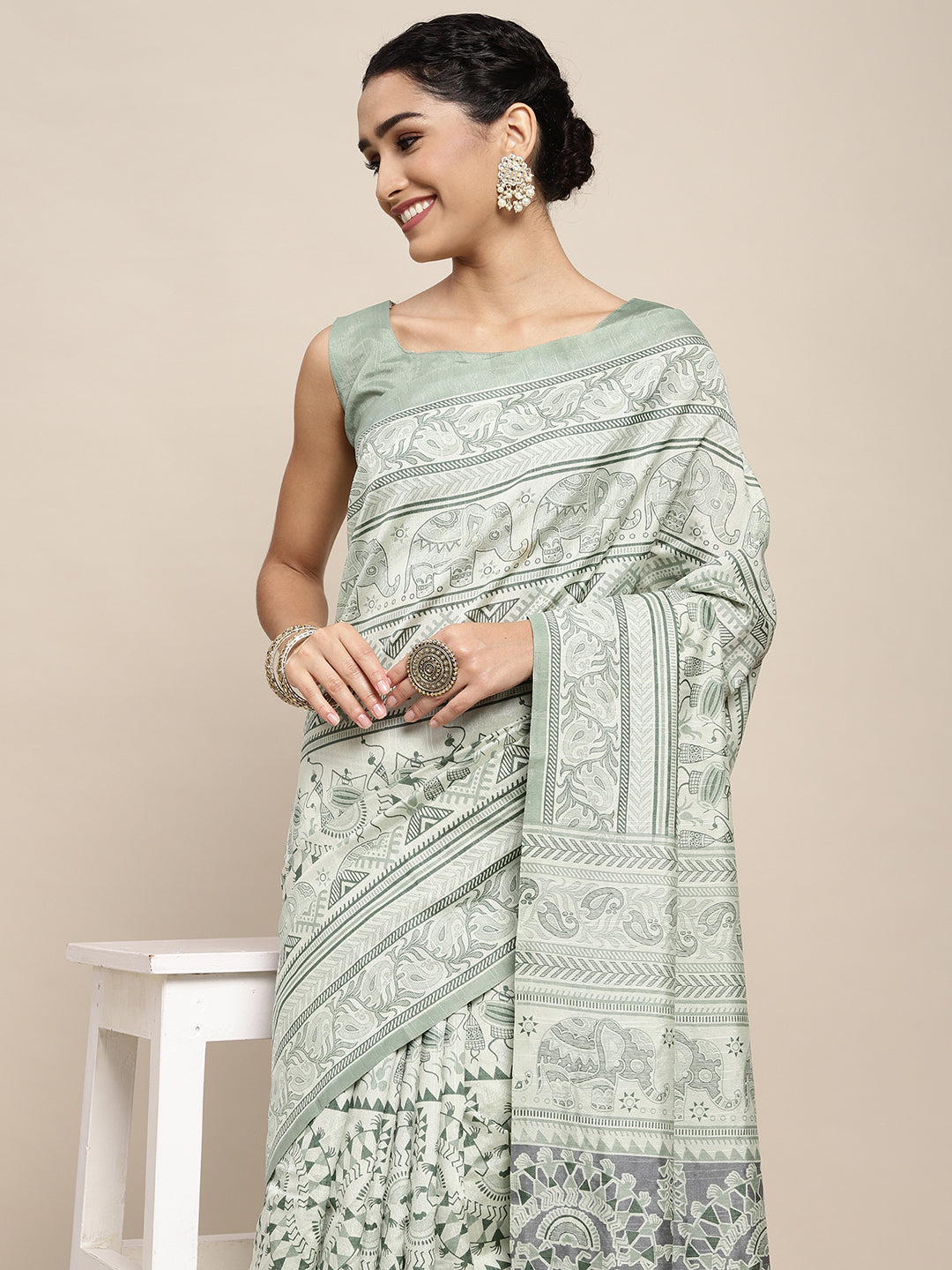 Bhagalpuri Silk Sea Green Printed Celebrity Saree With Blouse