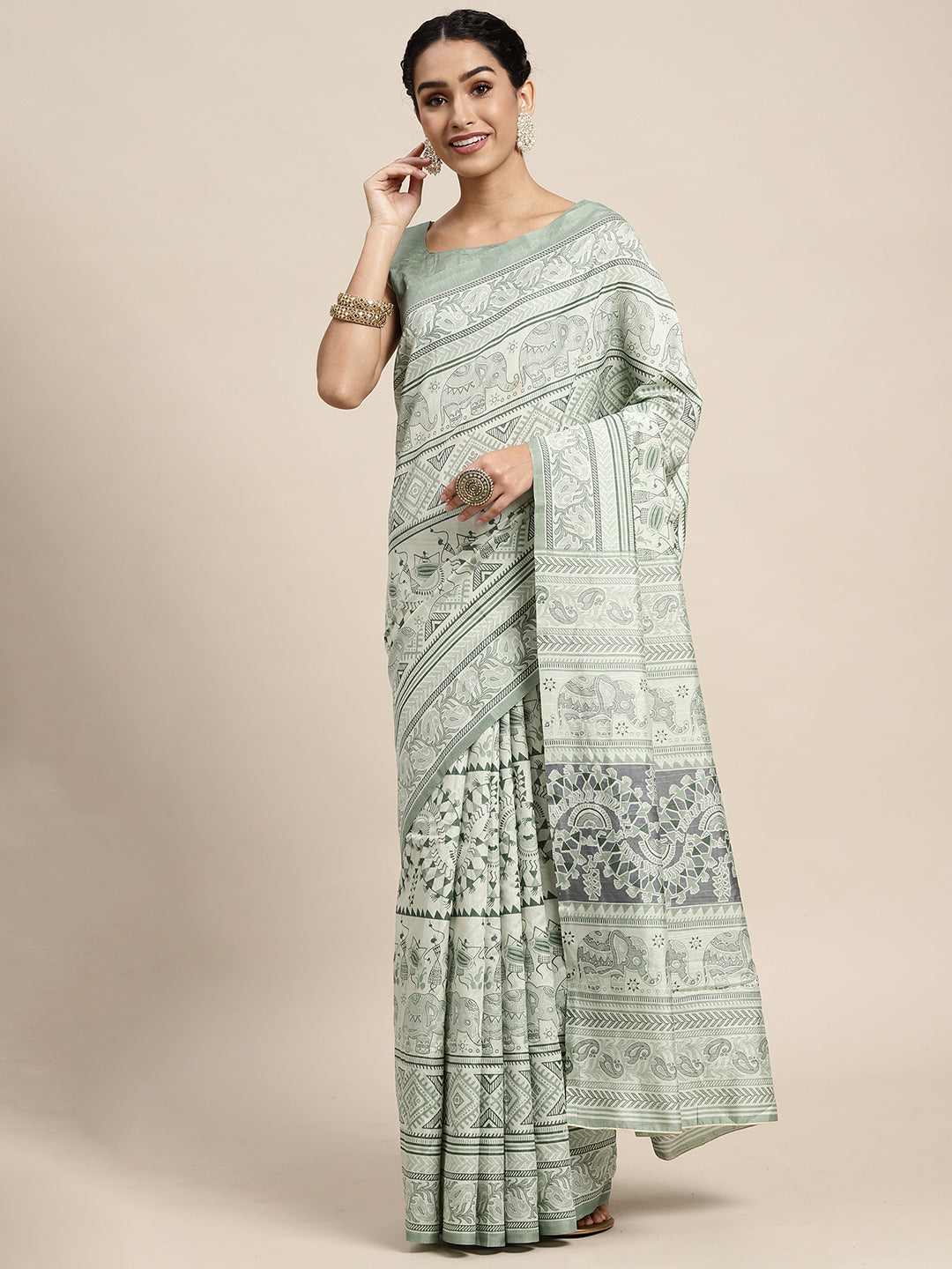 Bhagalpuri Silk Sea Green Printed Celebrity Saree With Blouse