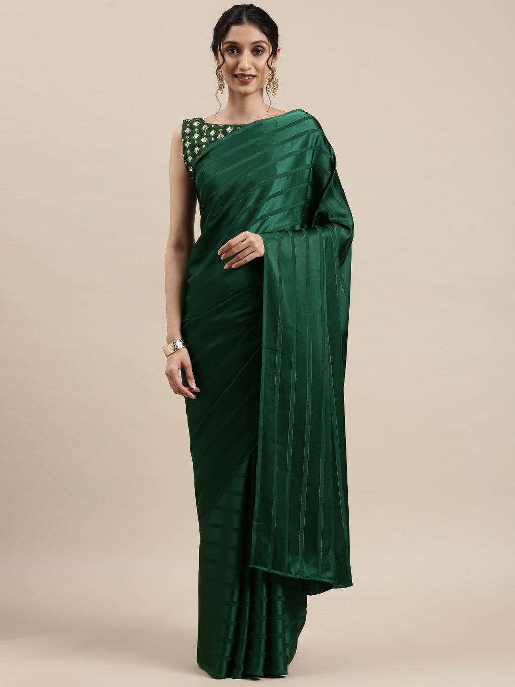 Satin Green Solid DesignerSaree With Blouse Piece